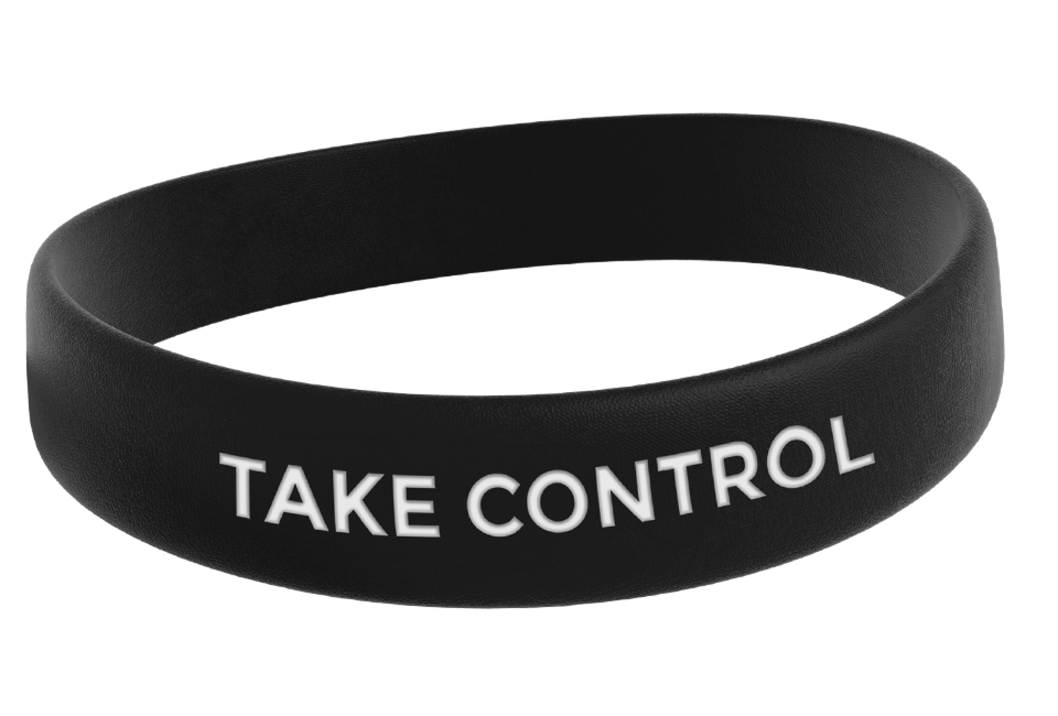 Black silicone wristband with the phrase "TAKE CONTROL" printed in white text
