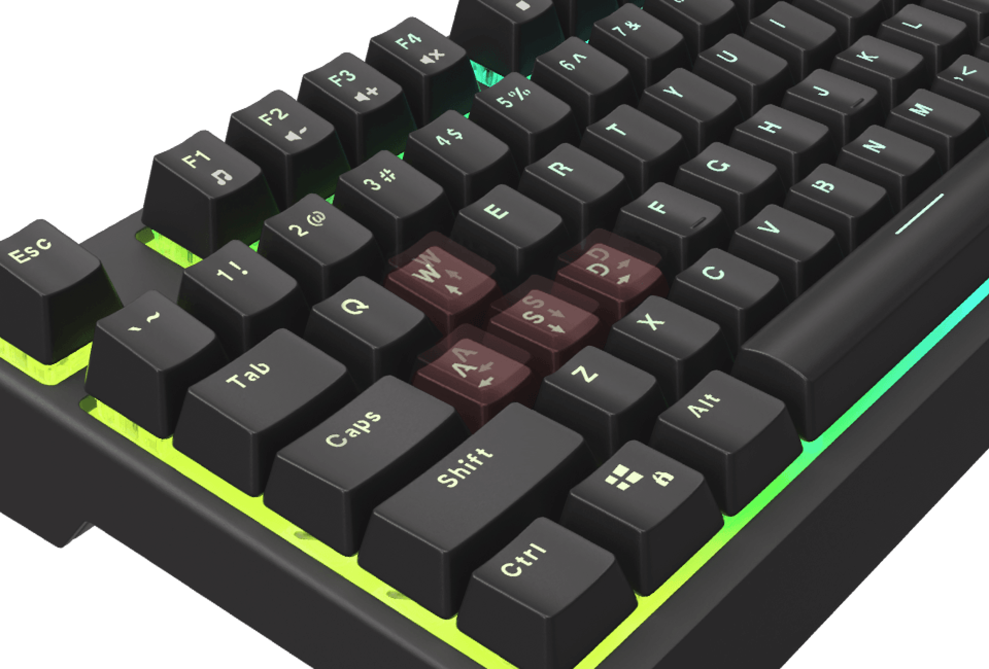 Keyboard with black keys, green backlighting, and highlighted brown keys for gaming.