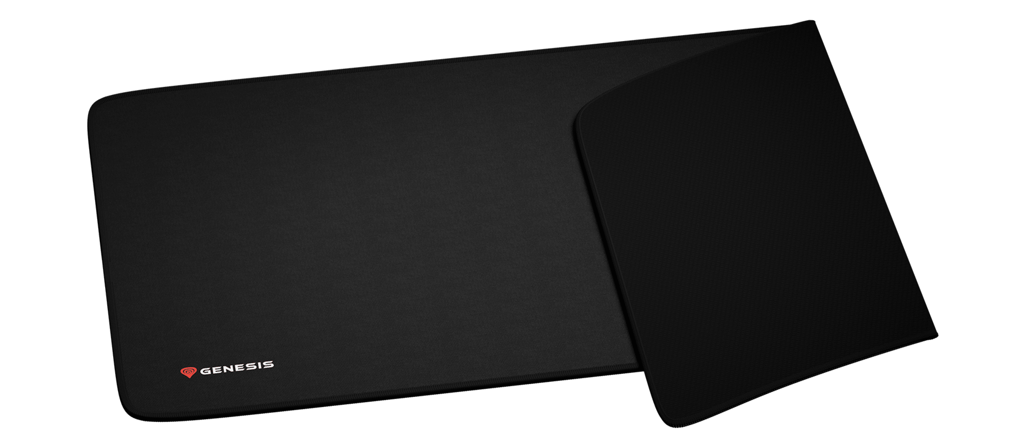 Large black gaming mouse pad with a smooth surface and a corner logo. Dimensions: 900x450mm