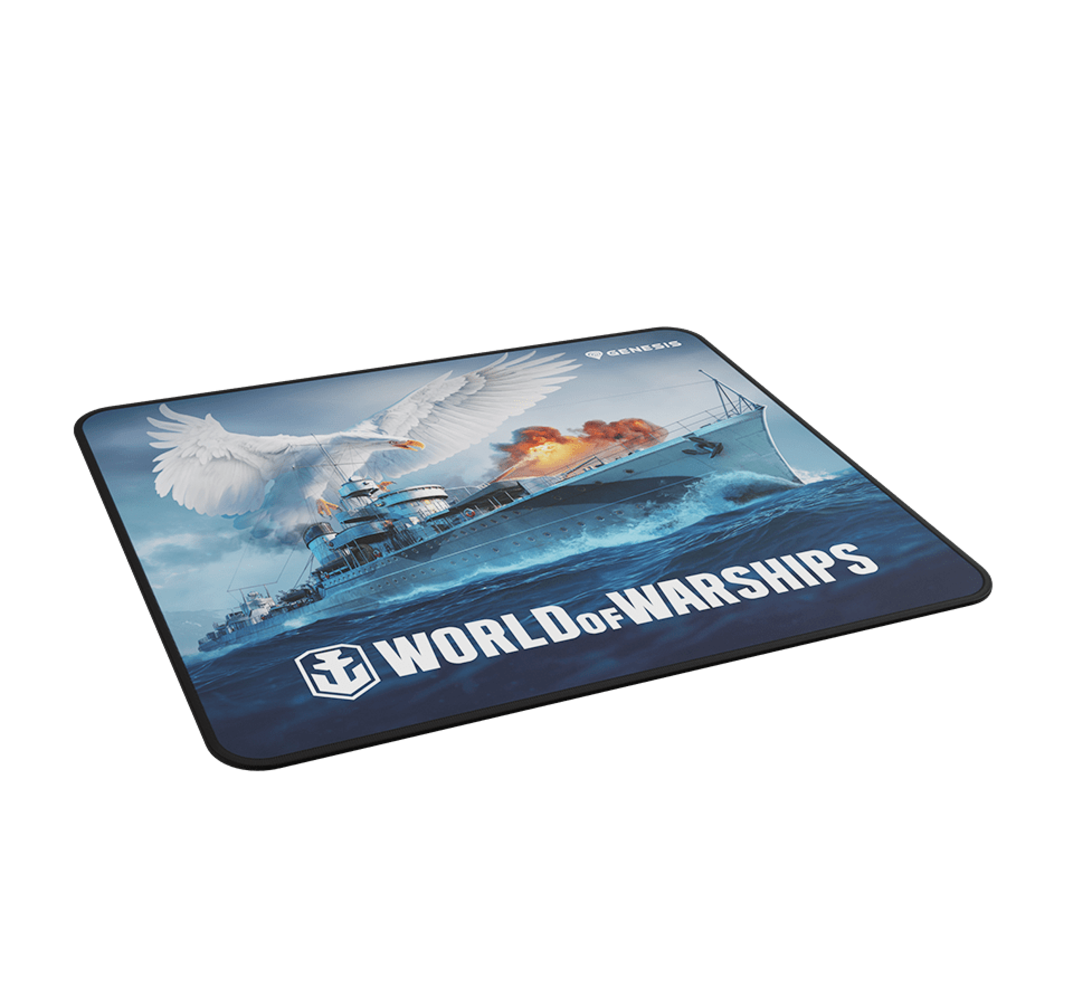 Mouse pad featuring artwork from "World of Warships," with ships and a stylized eagle in action. 300x250mm size