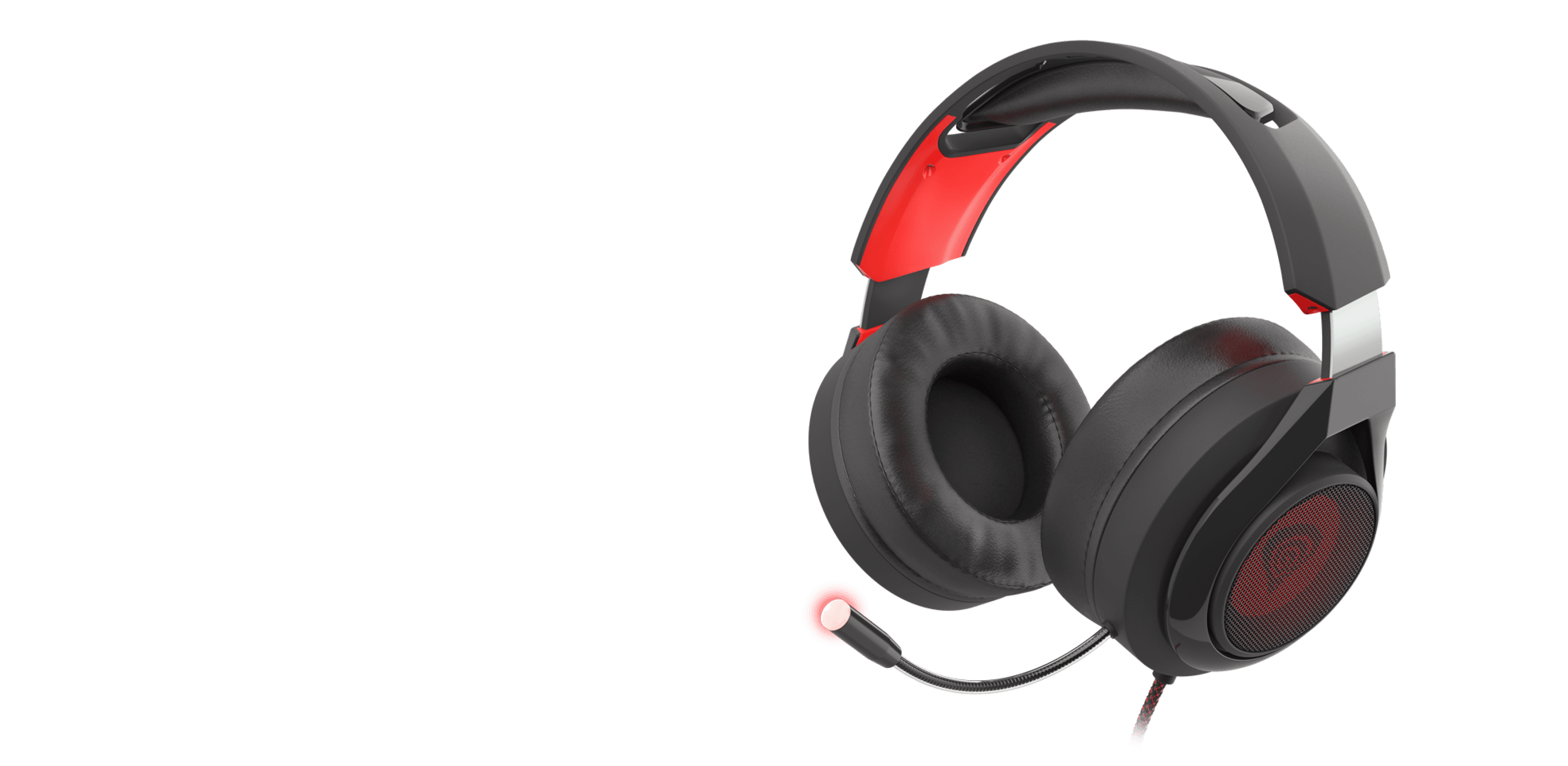 Over-ear gaming headset with 7.1 surround sound, red and black design, and an adjustable microphone with LED lighting