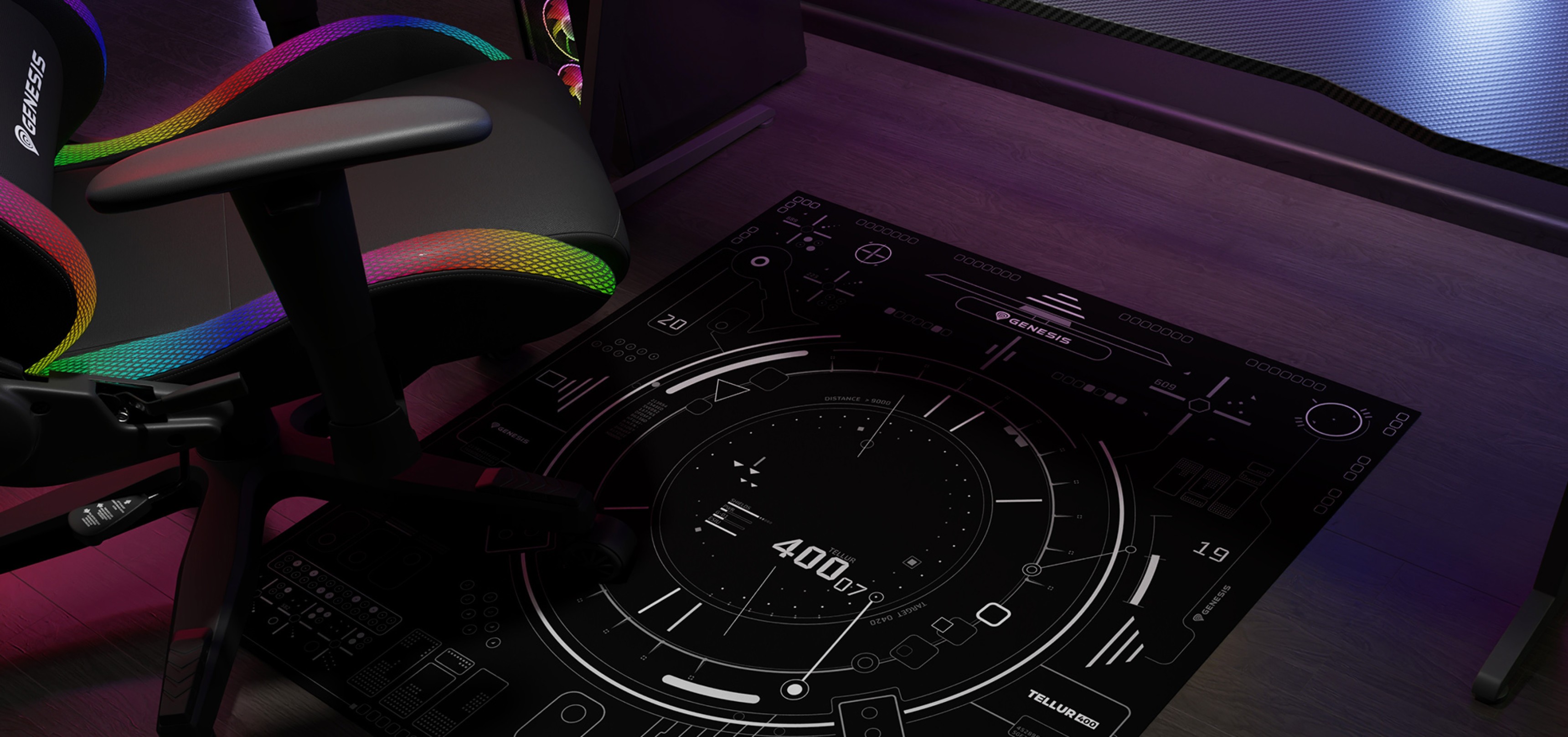 Black floor mat with gaming-themed design, placed under a colorful gaming chair, measuring 110x100cm