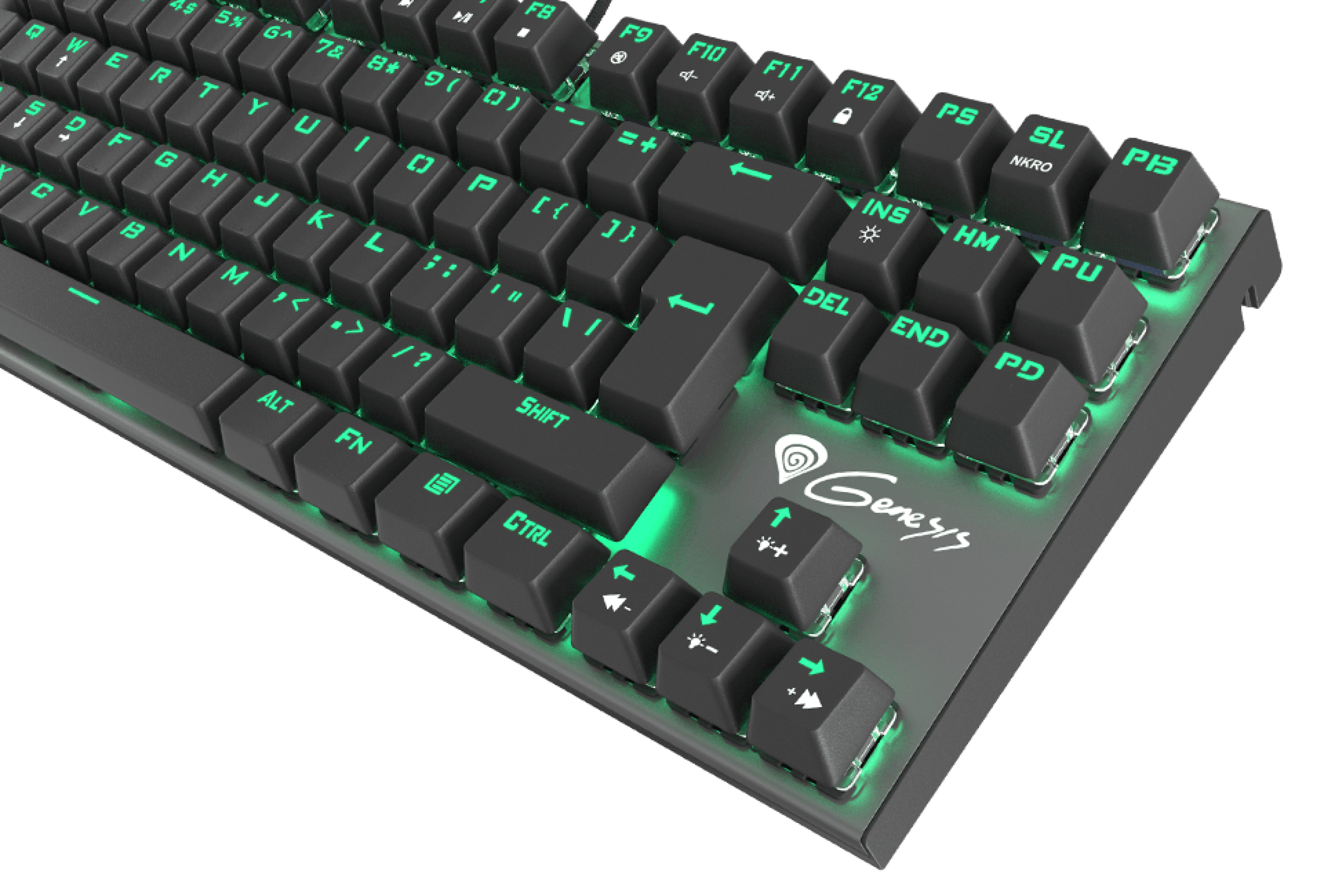 Computer keyboard with illuminated keys and a dark base design.