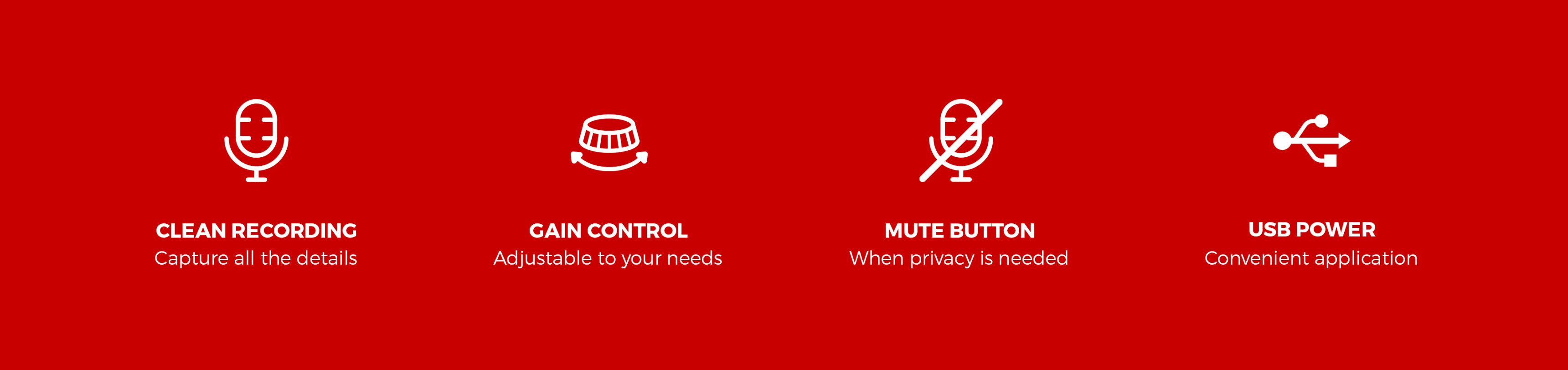 Icons illustrating features of the Genesis Radium 251 USB microphone: clean recording, gain control, mute button, and USB power