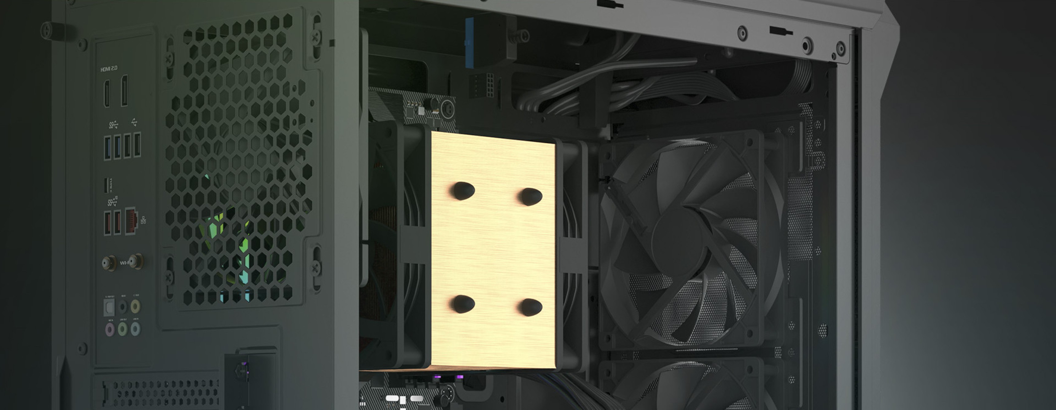 Close-up of the GENESIS OXAL 120 fan mounted inside a computer case, showing its design and the surrounding components