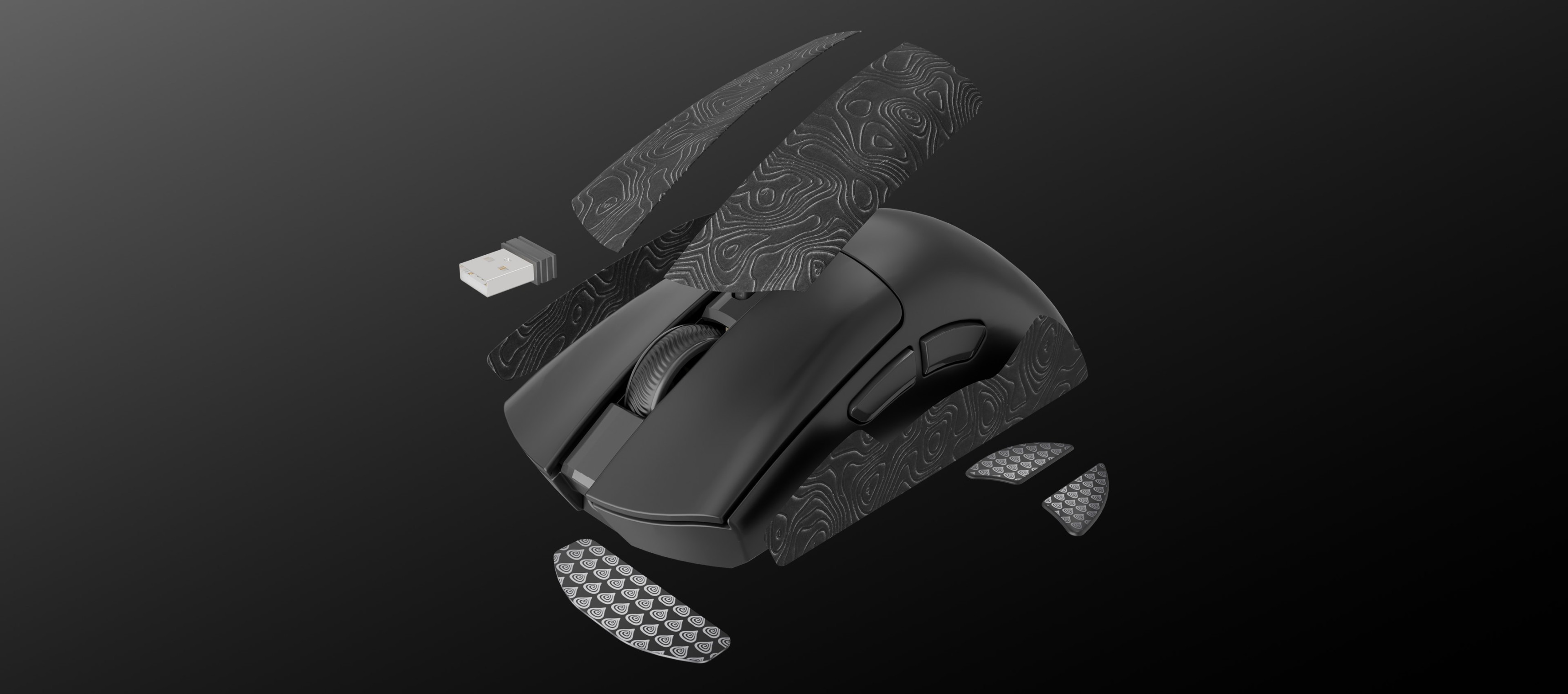 Disassembled gaming mouse with various textured parts displayed around the main body.