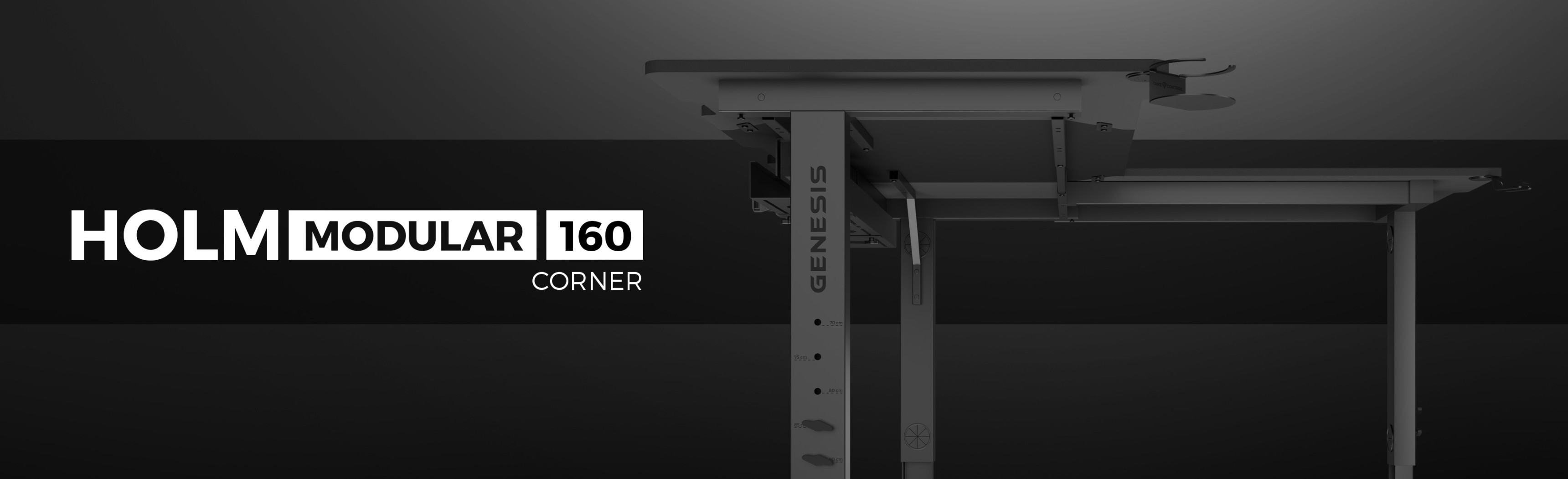 Corner gaming desk with a sleek design, featuring a sturdy frame and modular configuration, labeled as GENESIS HOLM MODULAR 160
