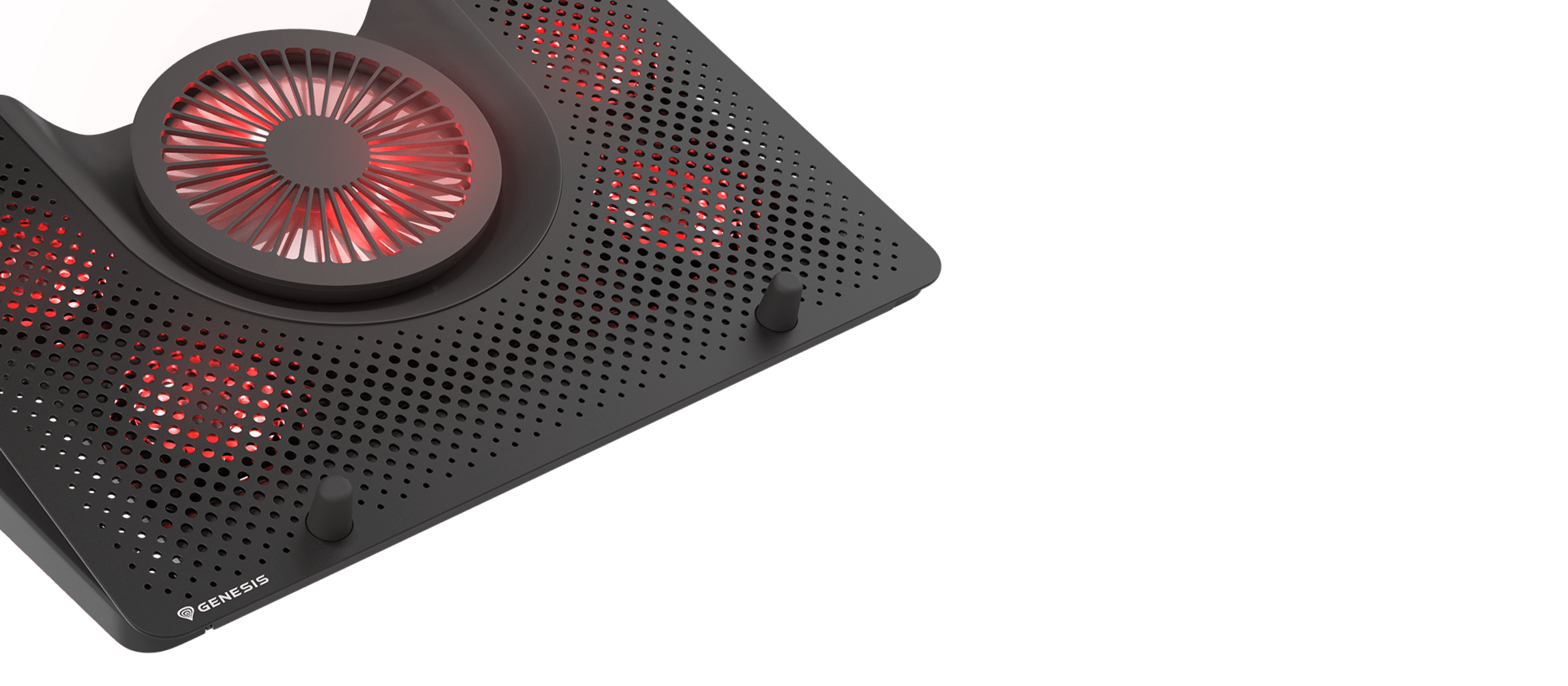 Laptop cooling pad Genesis OXID 550 featuring five fans, red LED lighting, and one USB port, compatible with 15.6-17.3" laptops