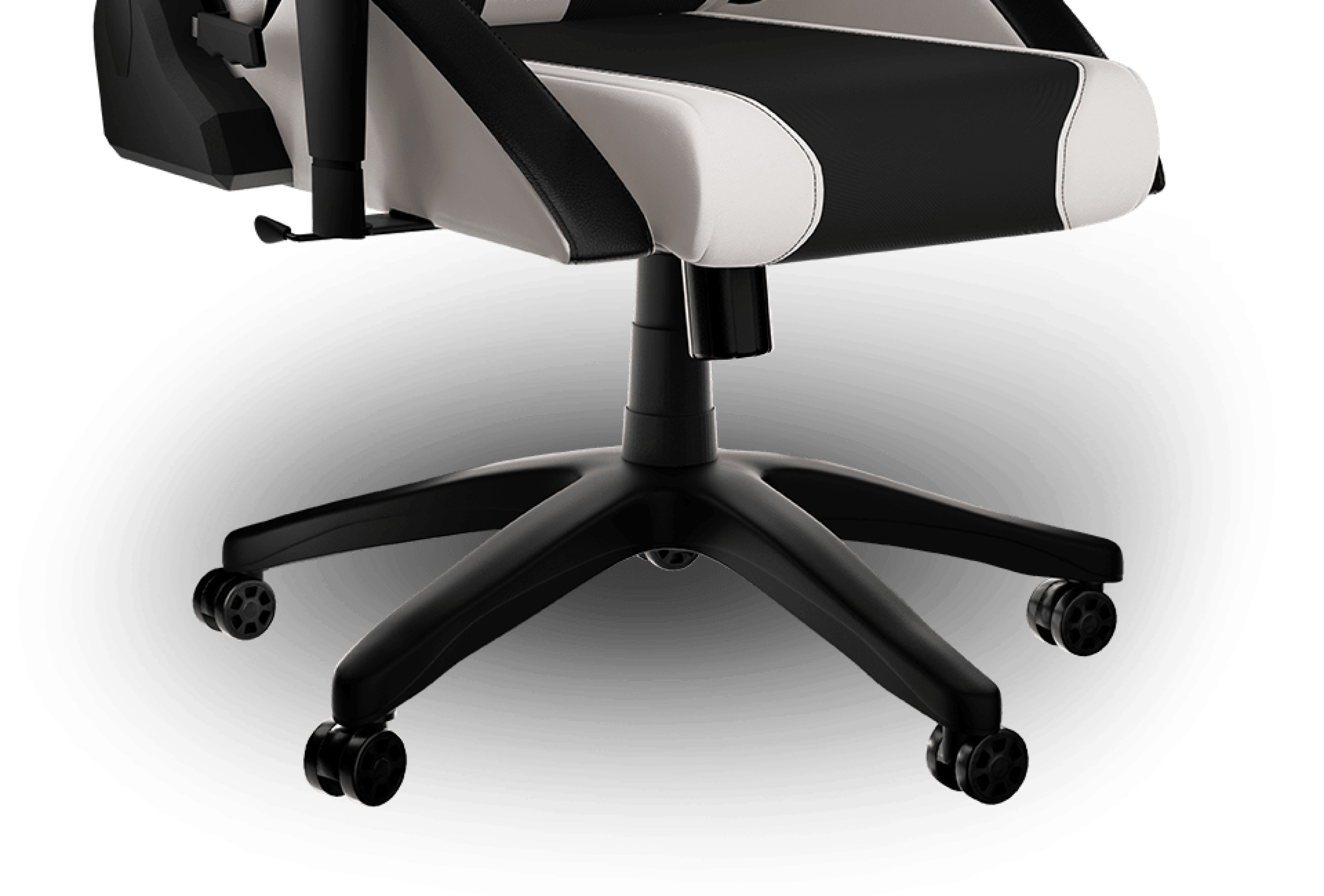Office chair with a black and white design and five rolling wheels for mobility.