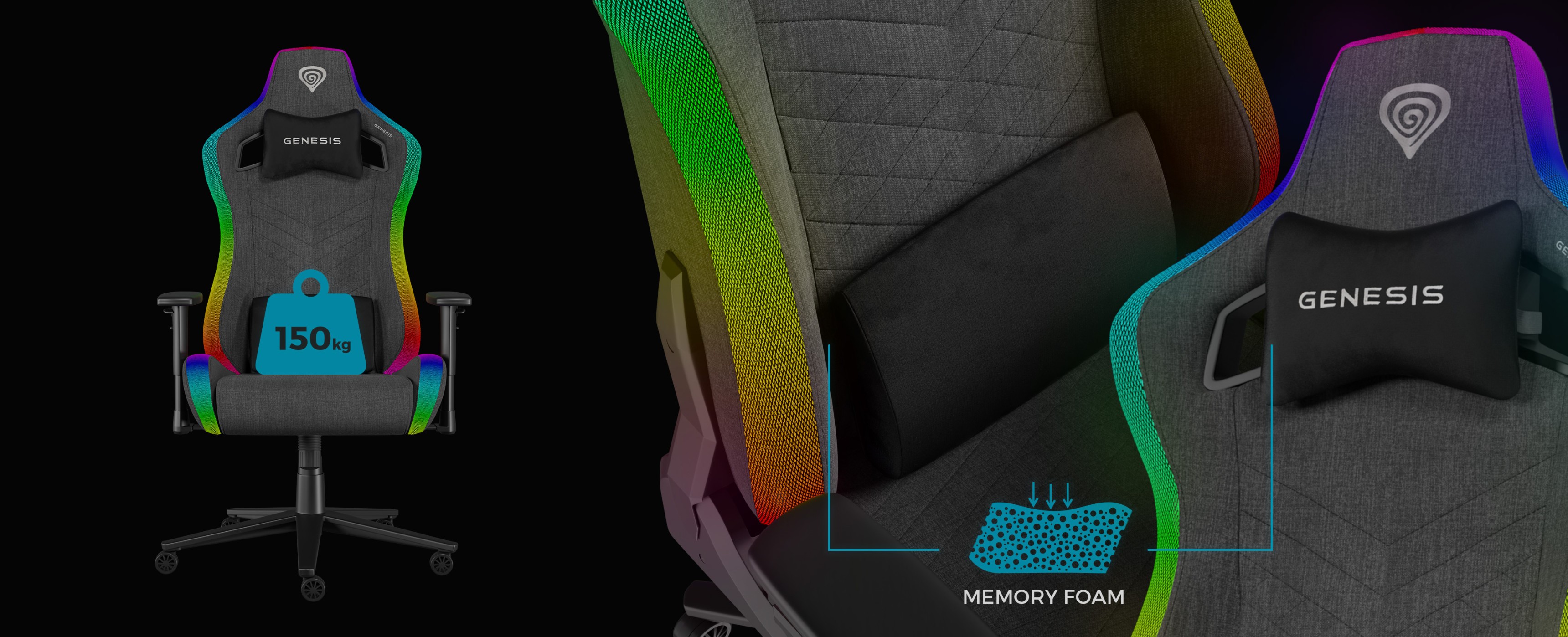 Gray gaming chair with RGB light accents, featuring memory foam support and a weight capacity of 150 kg