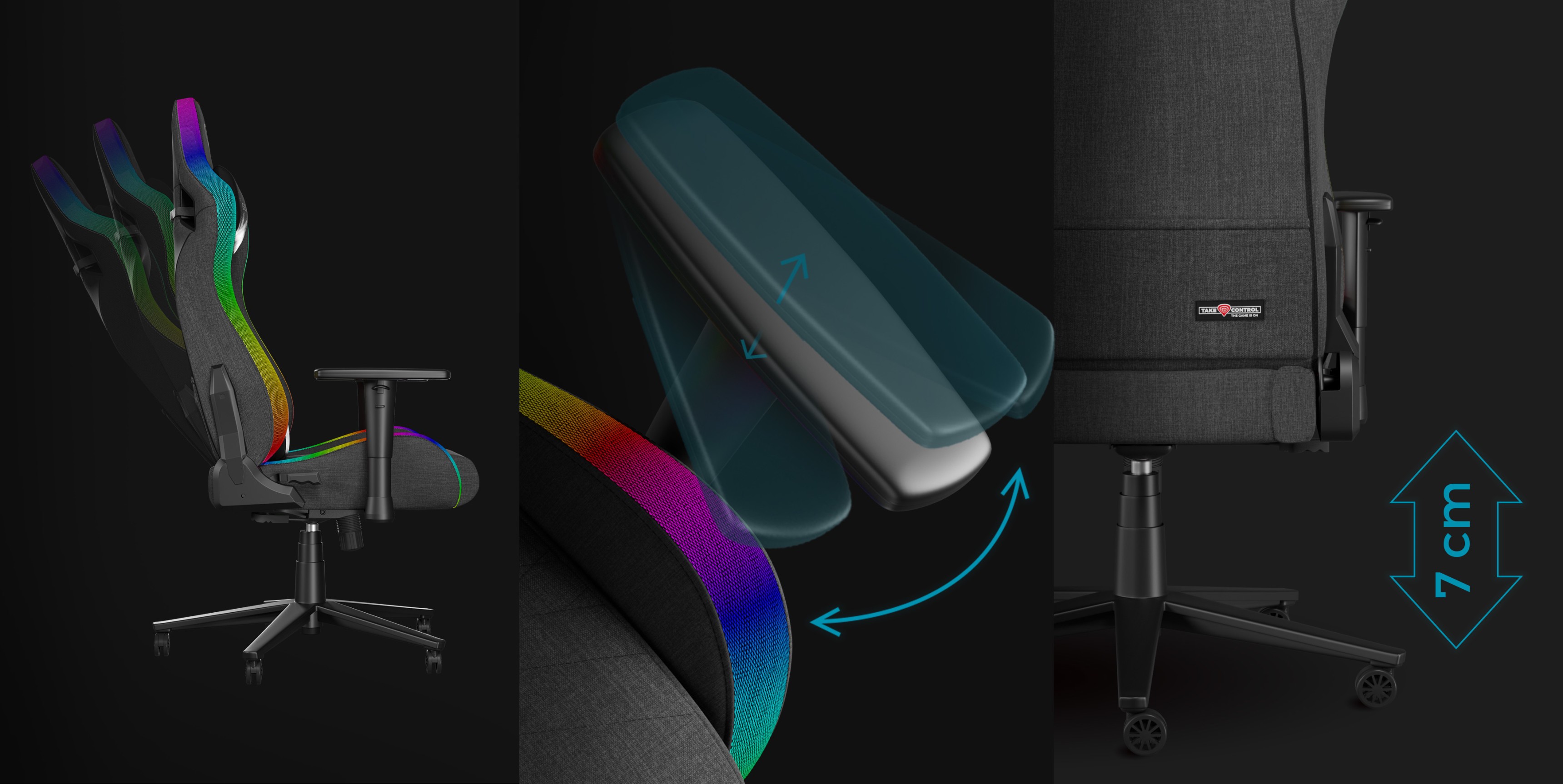 Gaming chair featuring RGB lighting, adjustable armrests, and ergonomic design in gray fabric. Multiple angles highlight functionality