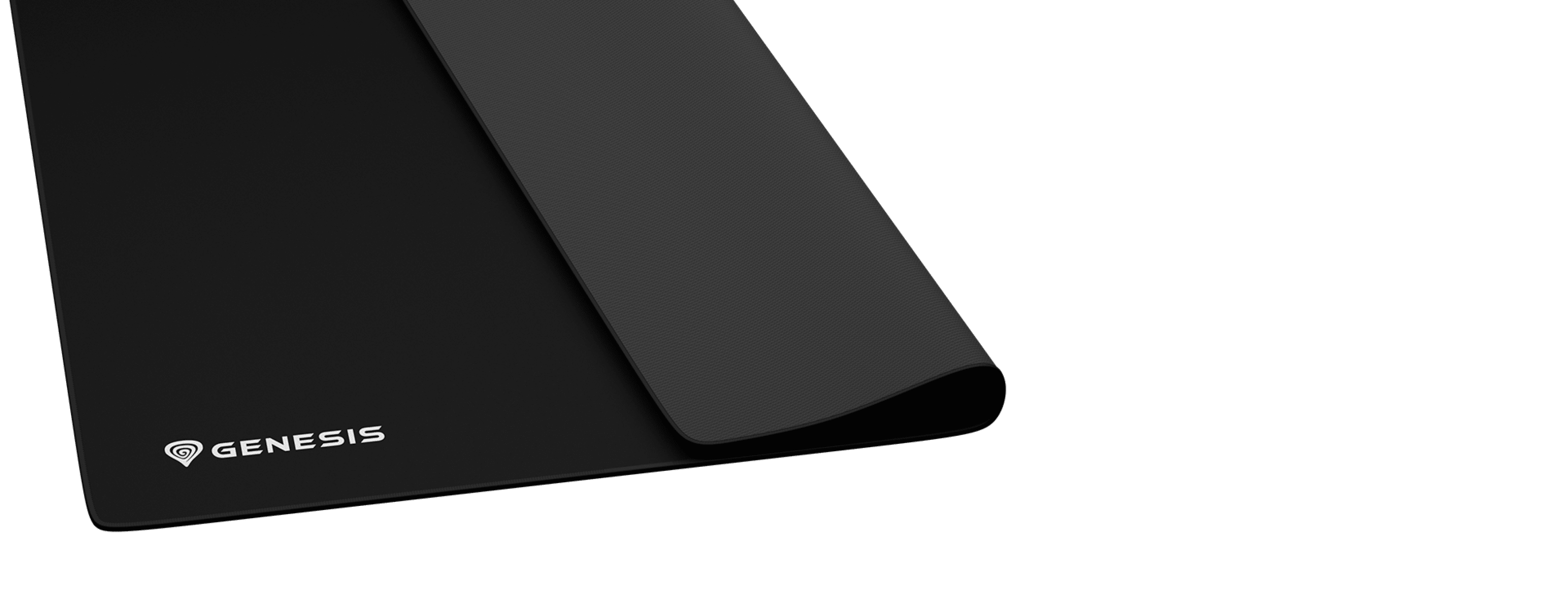 Large black gaming mouse pad with a smooth surface and rounded edges, featuring the Genesis logo. Measurements: 450x400mm
