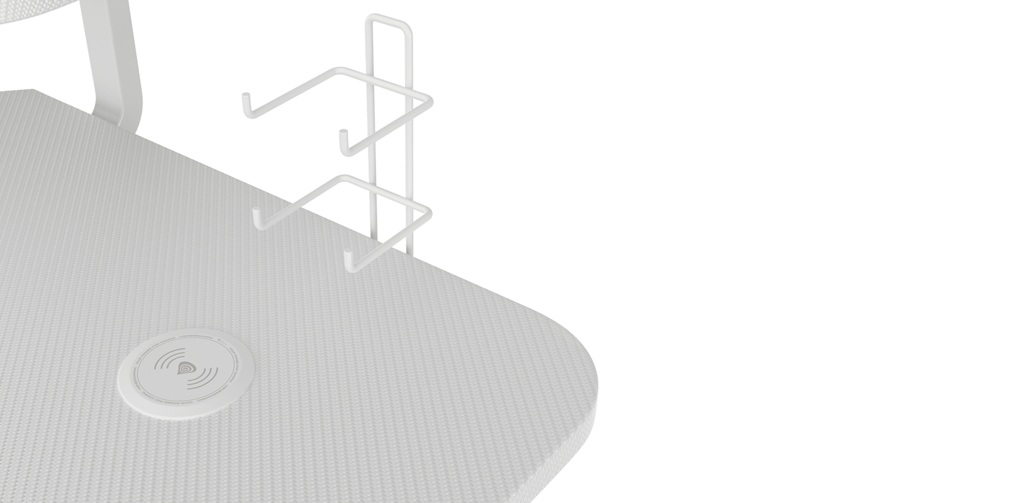 White gaming desk with RGB lighting, featuring a textured surface and a side attachment for accessories