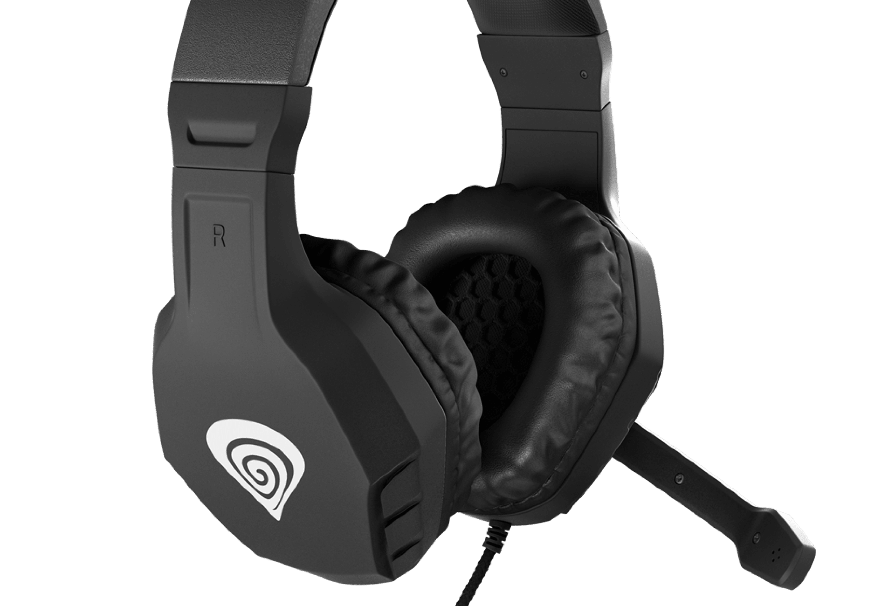 Black Genesis Argon 200 over-ear headphones with a microphone, featuring padded ear cushions and a sleek design