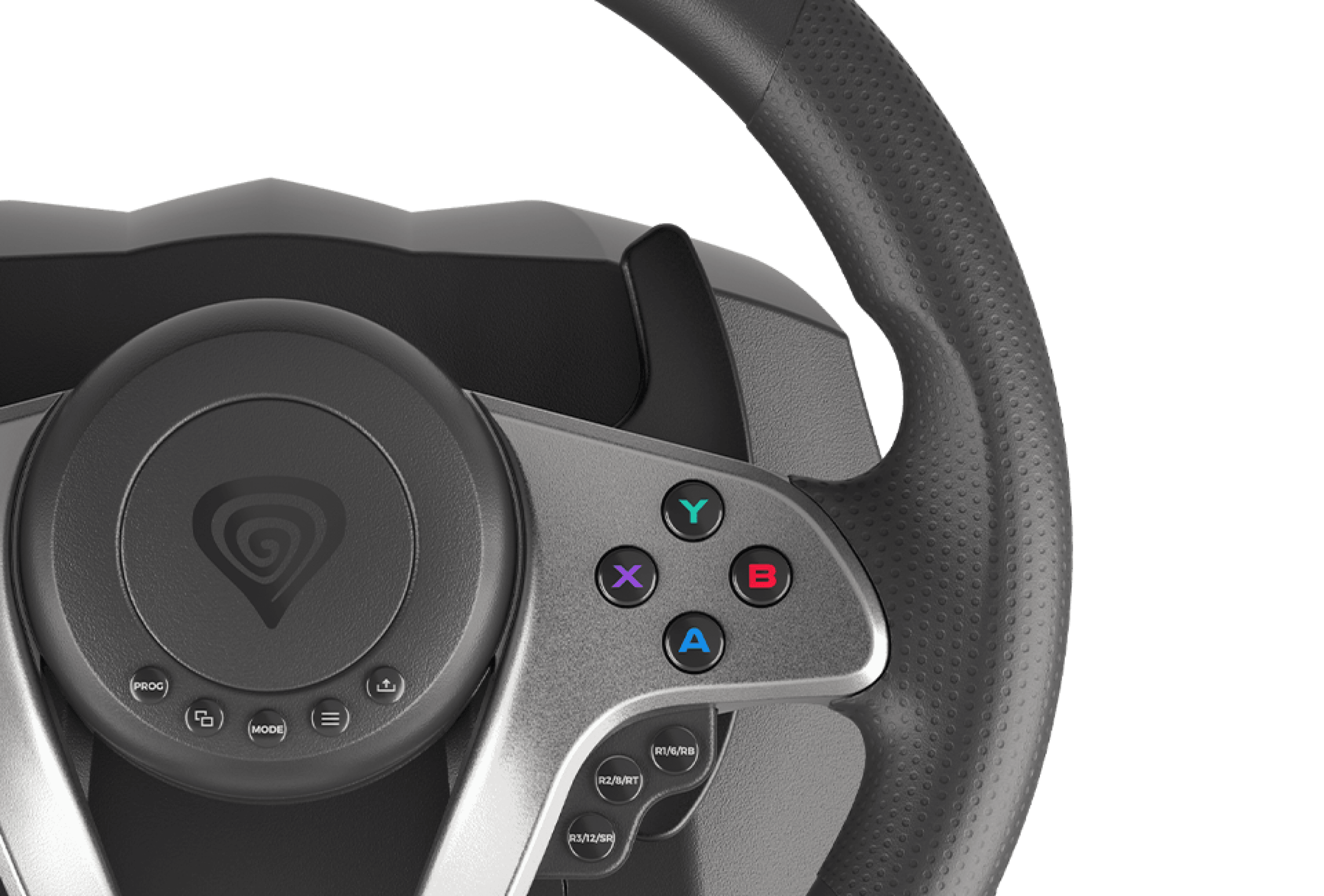Racing wheel featuring a black and silver design with control buttons labeled A, B, X, Y, and a central logo