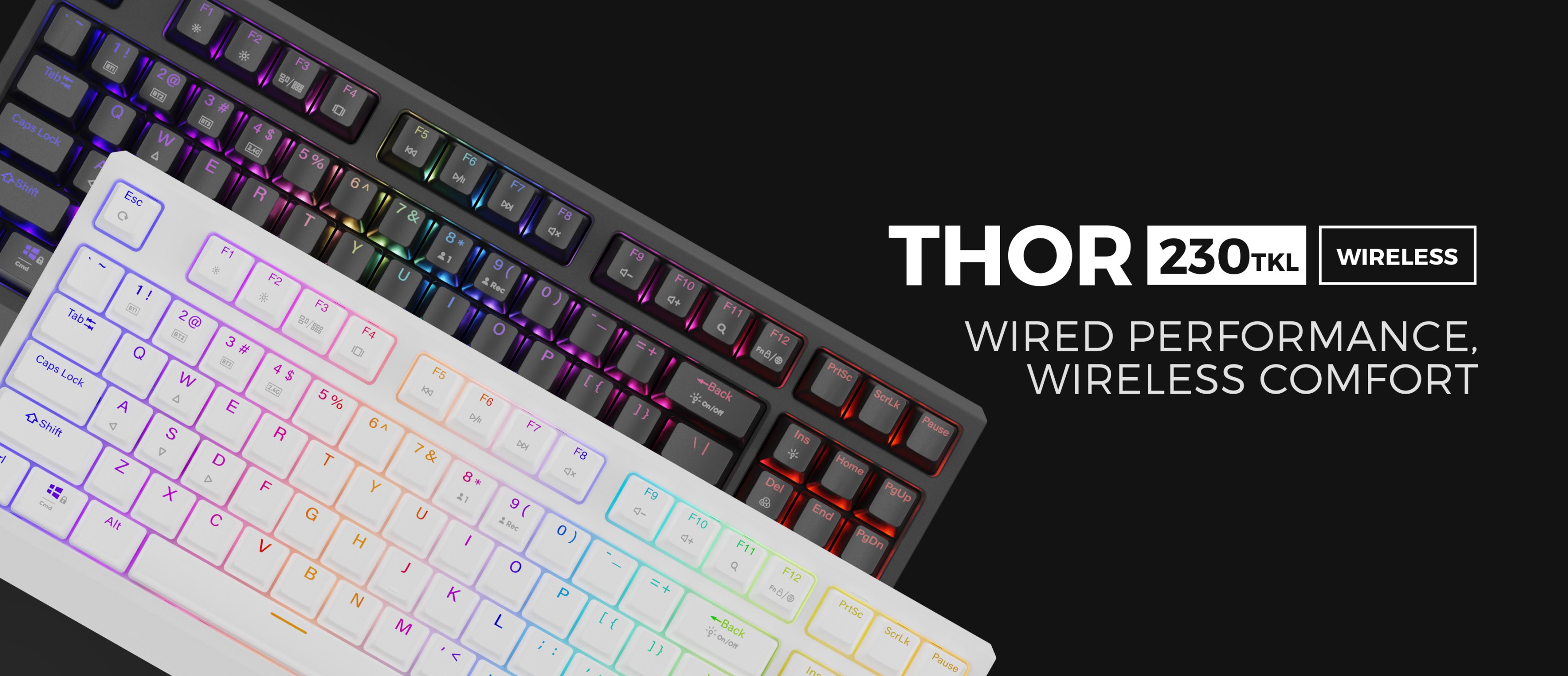 Wireless mechanical gaming keyboard with RGB backlighting, featuring a compact TKL design in black and white
