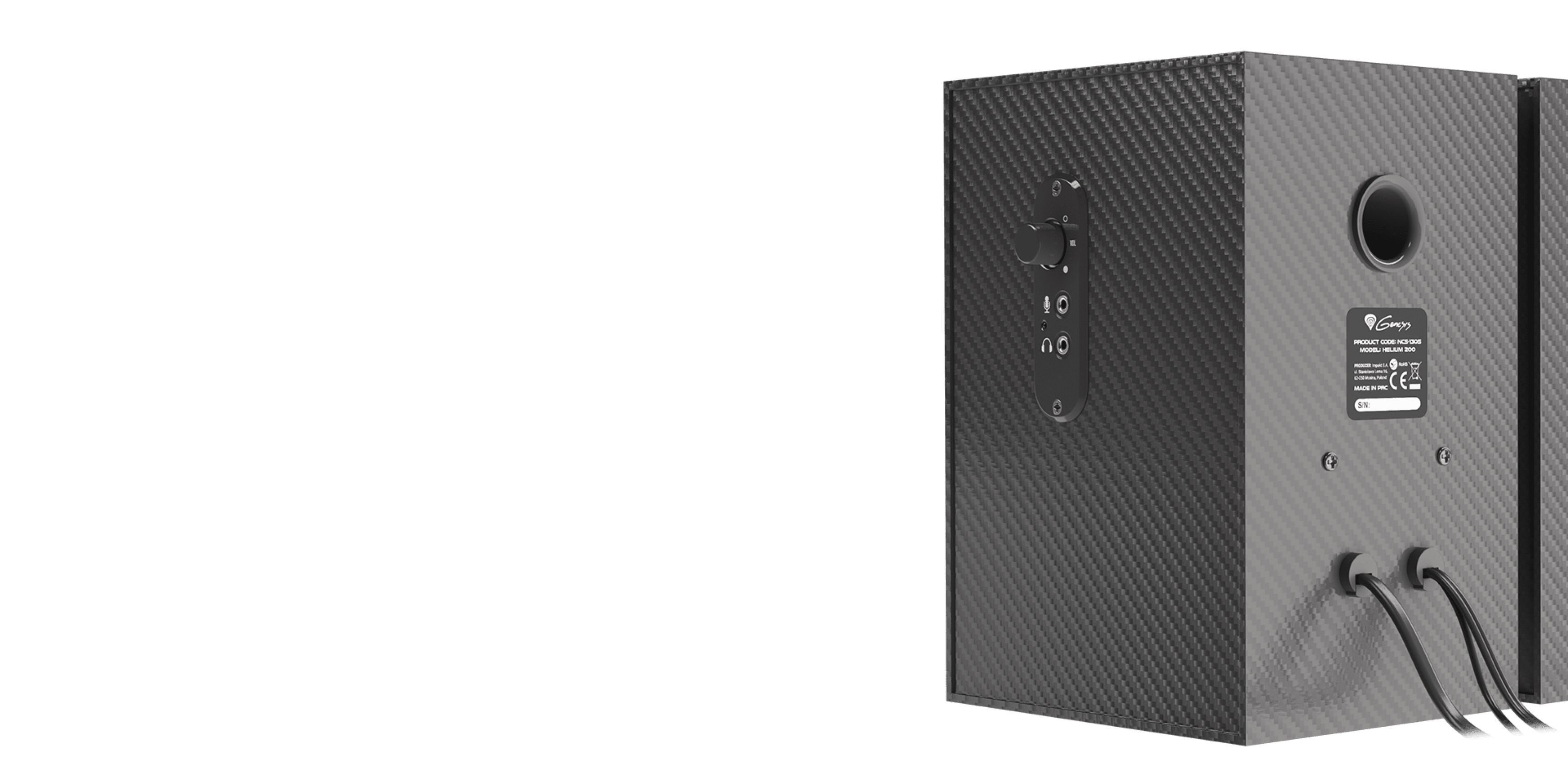 Black Genesis Helium 200 2.0 speakers showing rear view with control knobs and connection ports