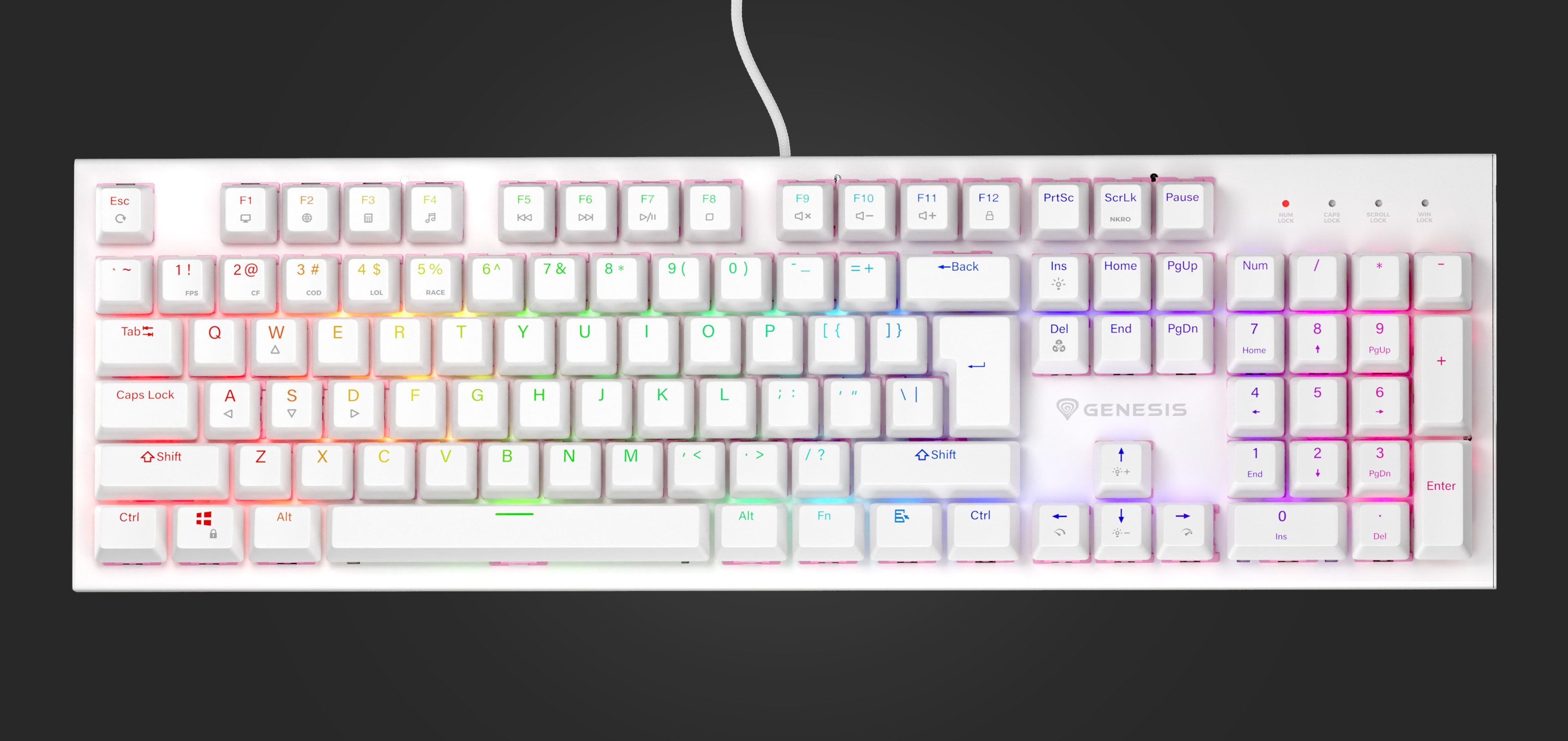 White mechanical gaming keyboard with RGB backlighting and brown switches, featuring a hot-swap design