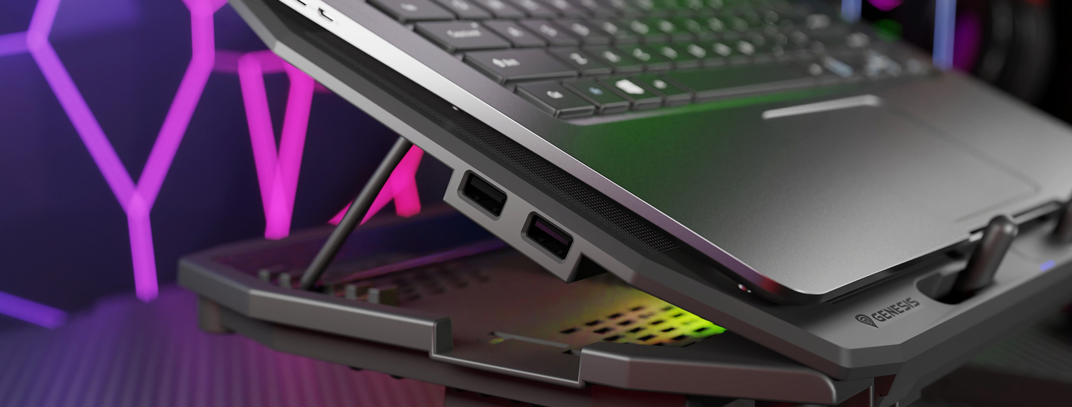Laptop cooling pad with RGB lighting and five fans, designed for laptops 15.6"-17.3", showcasing a sleek design and adjustable angle