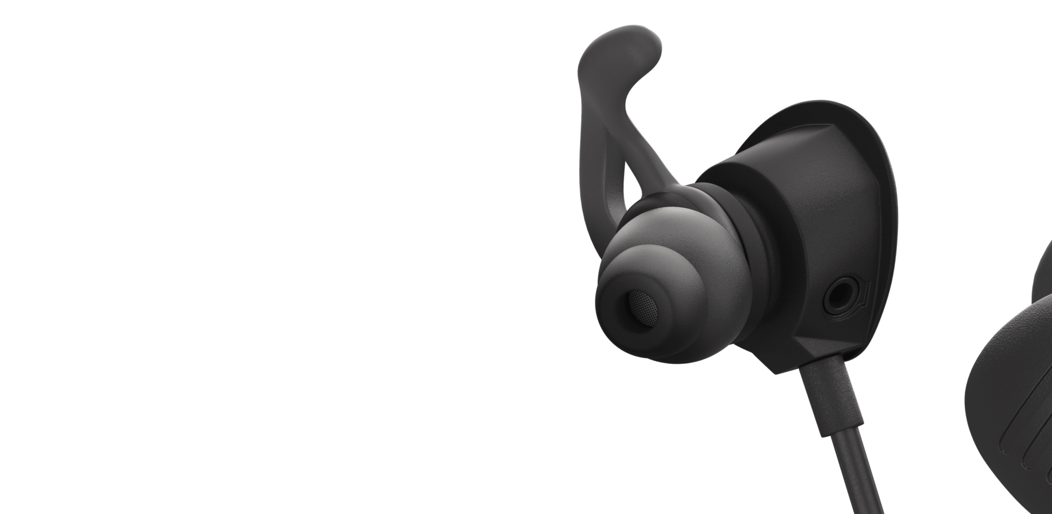 Black earbud with a flexible hook and a silicone tip for secure fitting.