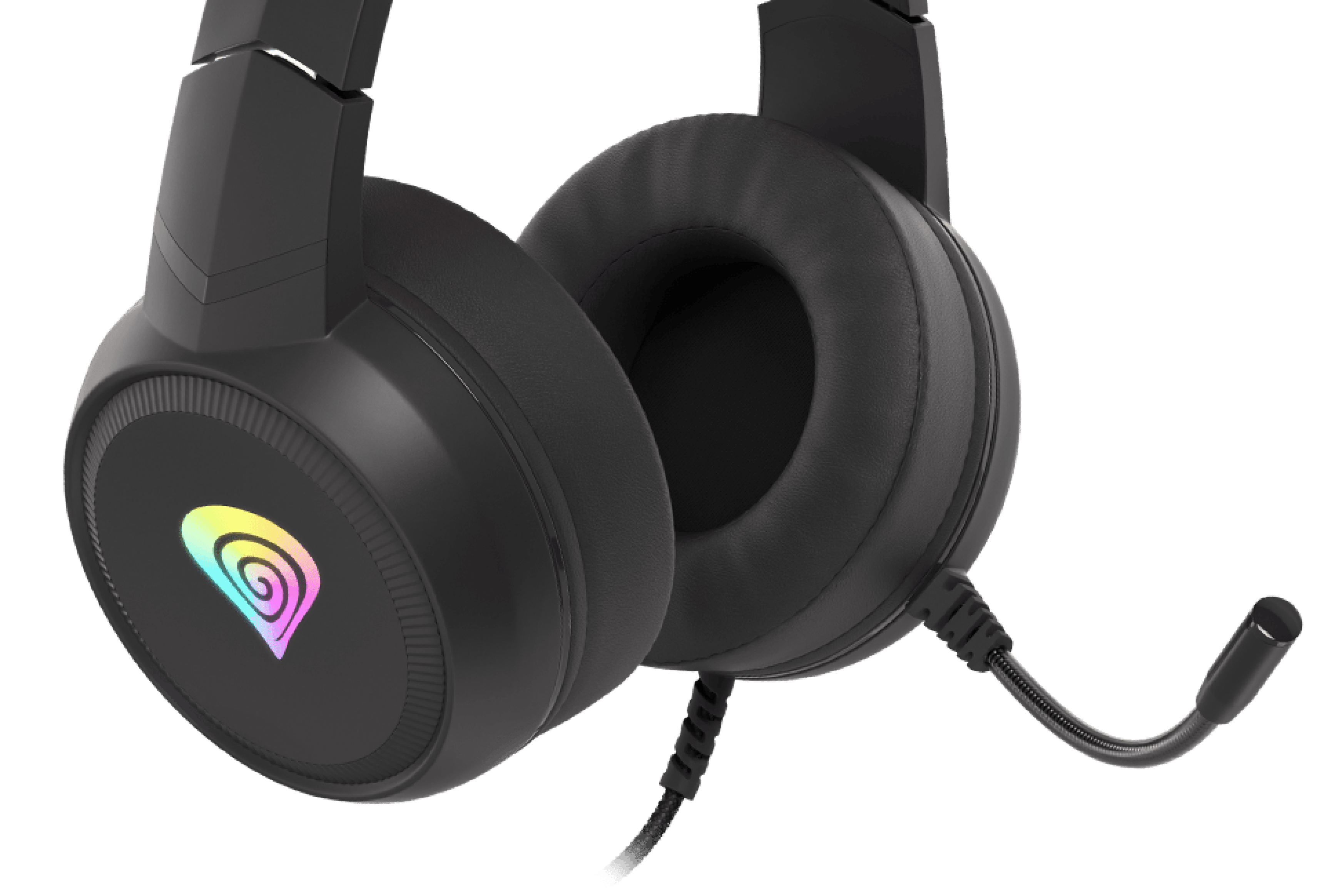 Headphones with a flexible microphone and a colorful glowing logo design.