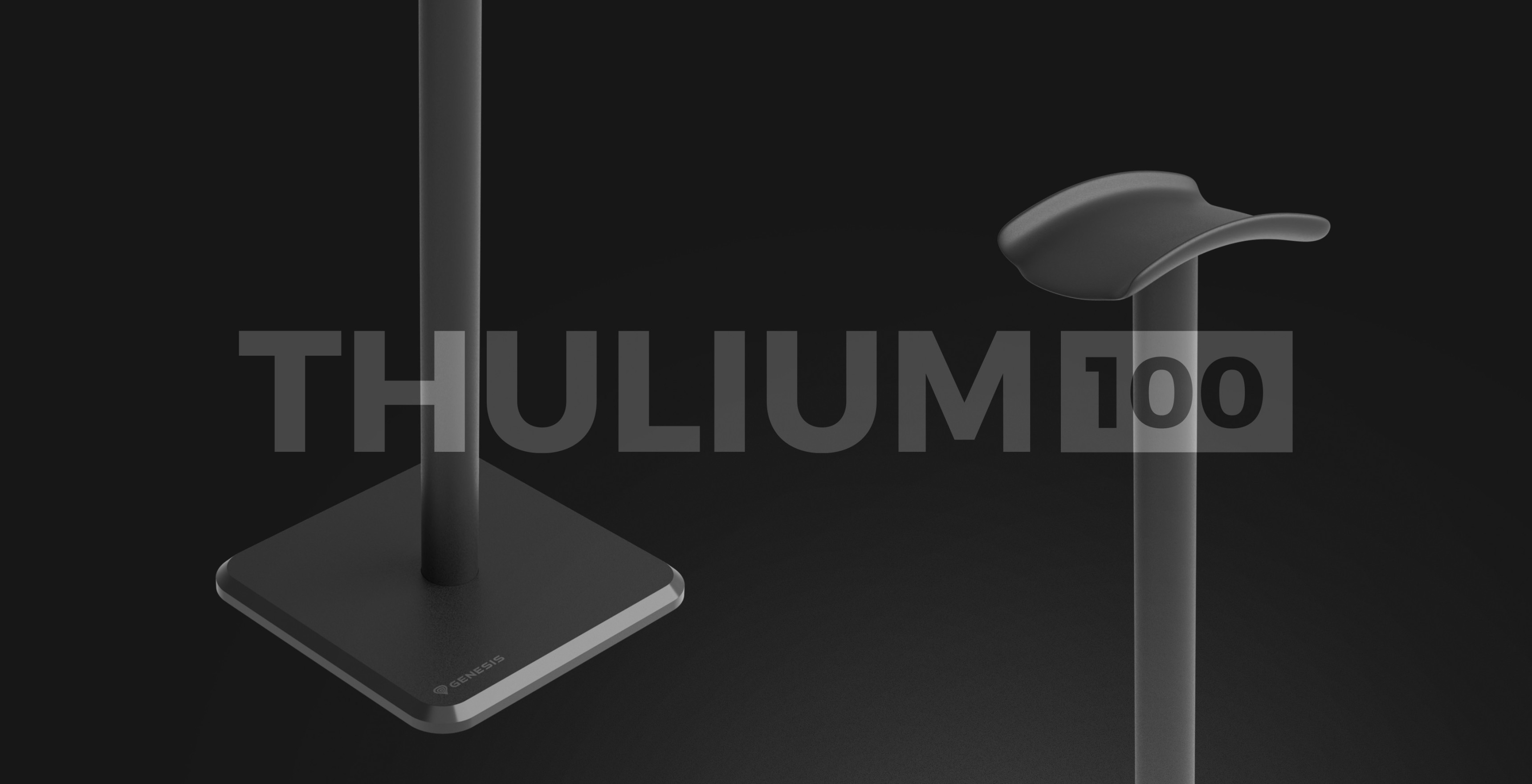 Black Genesis Thulium 100 headphone stand featuring a stable base and sleek design suitable for organizing headphones
