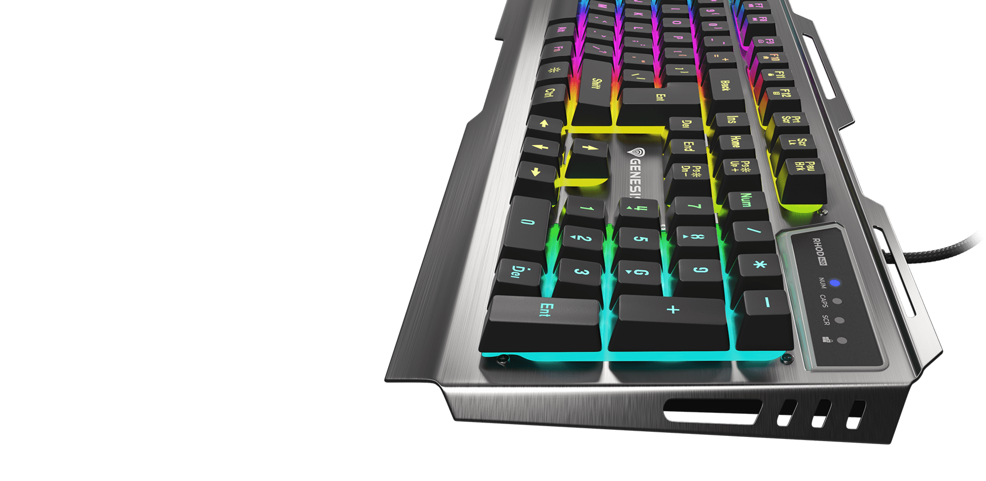 Gaming keyboard Genesis Rhod 420 RGB with customizable colorful backlighting and a sleek metal design