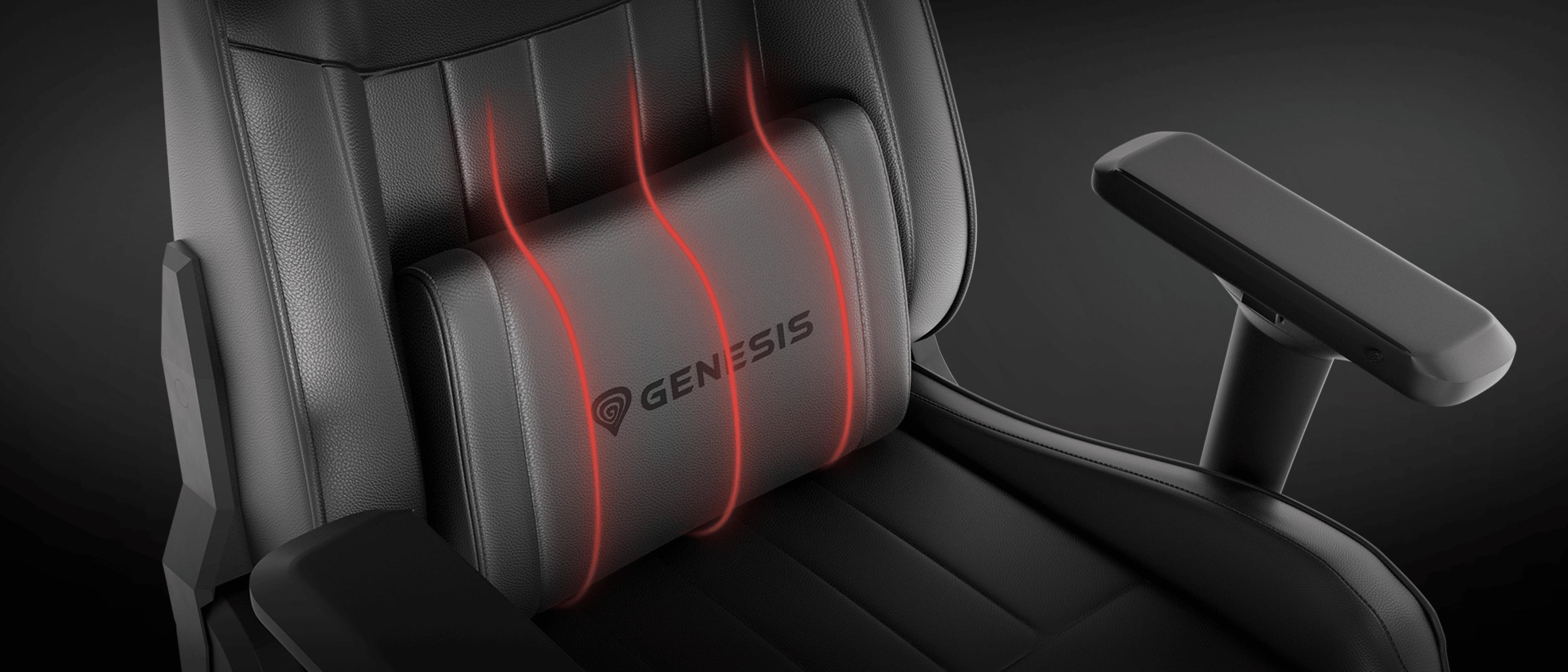 Black gaming chair featuring adjustable armrests and a cushioned lumbar support with red accents