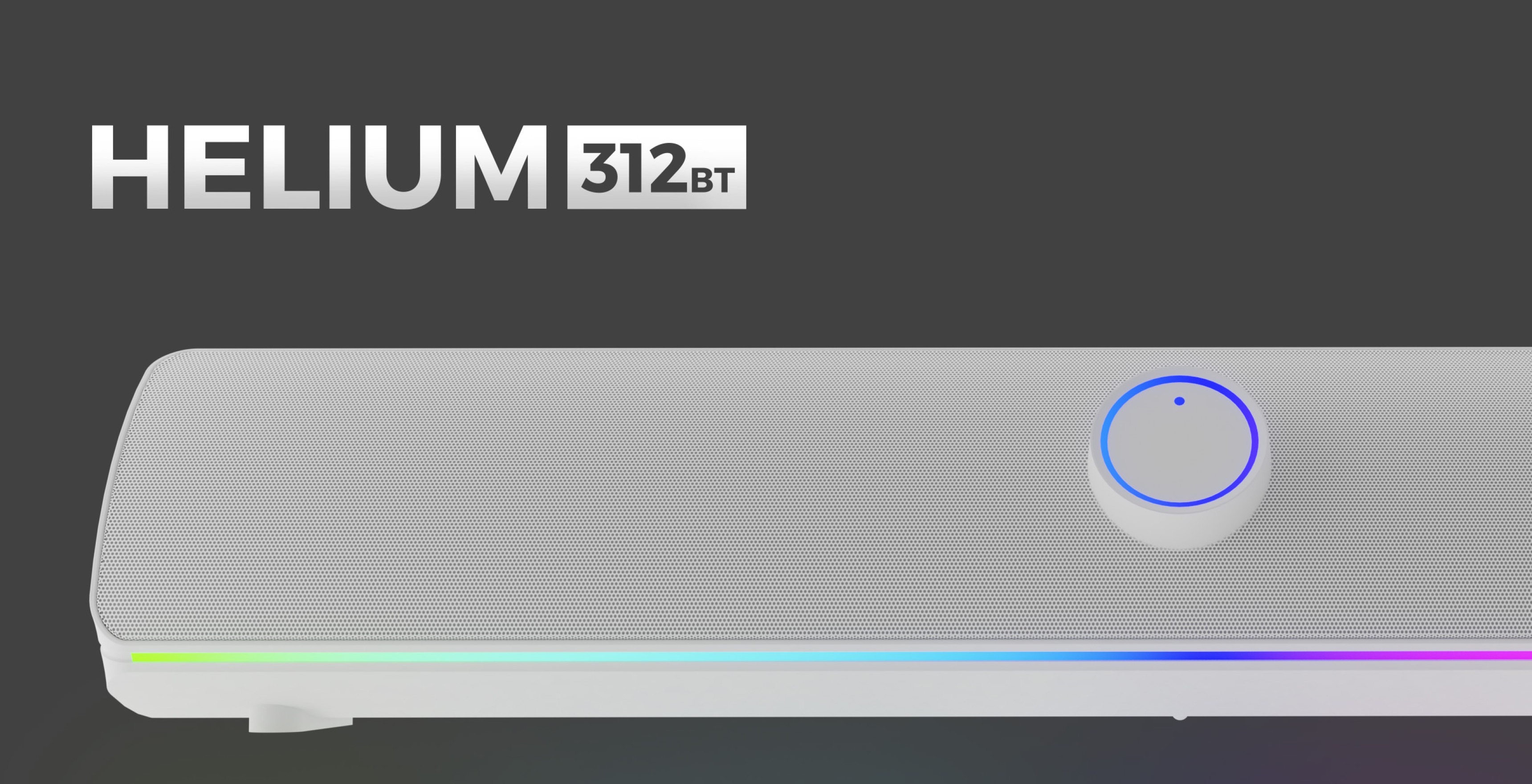 White Bluetooth soundbar with a sleek design, featuring a control knob and colorful lighting accents. Model: HELIUM 312BT