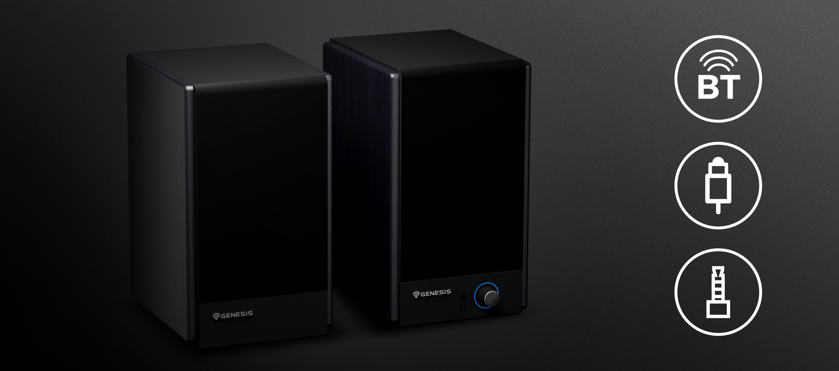 Two black speakers with a shiny front panel and one speaker featuring a power button.