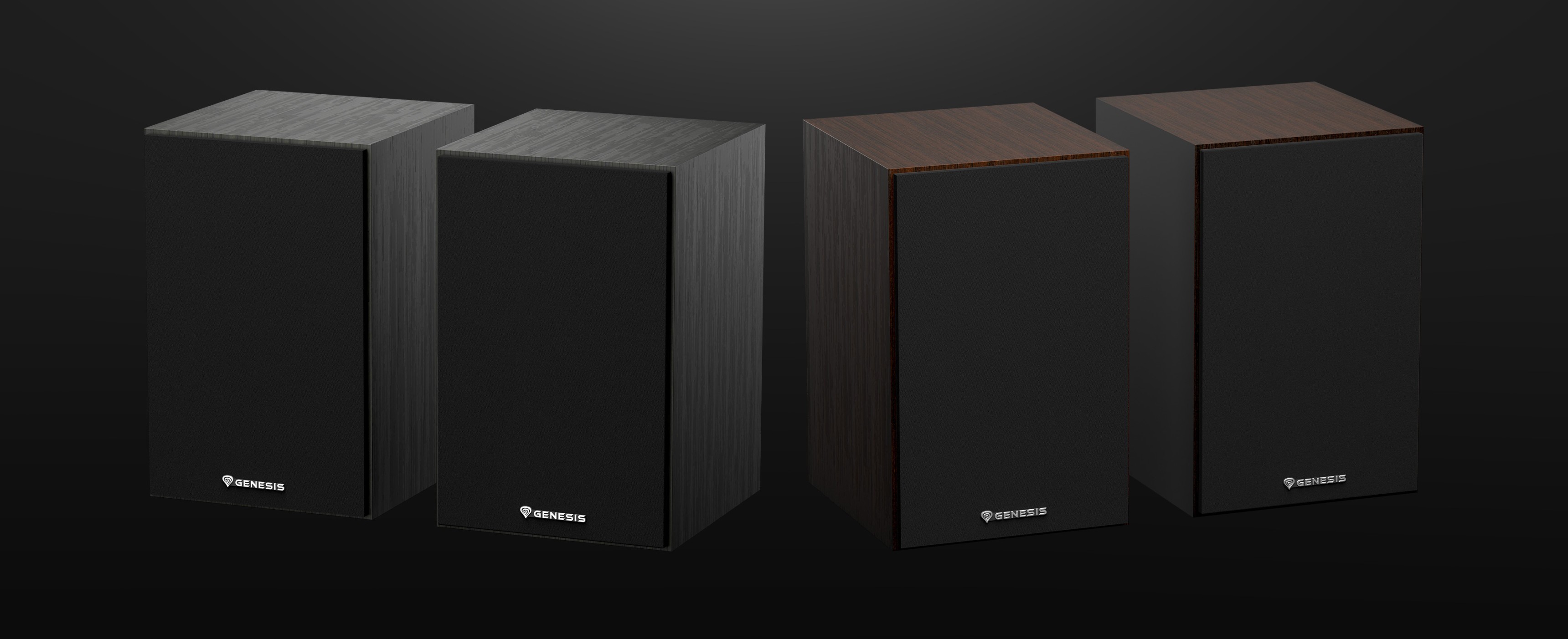 Brown and black Genesis Arsen 302BT 2.0 speaker pairs displayed side by side on a dark background