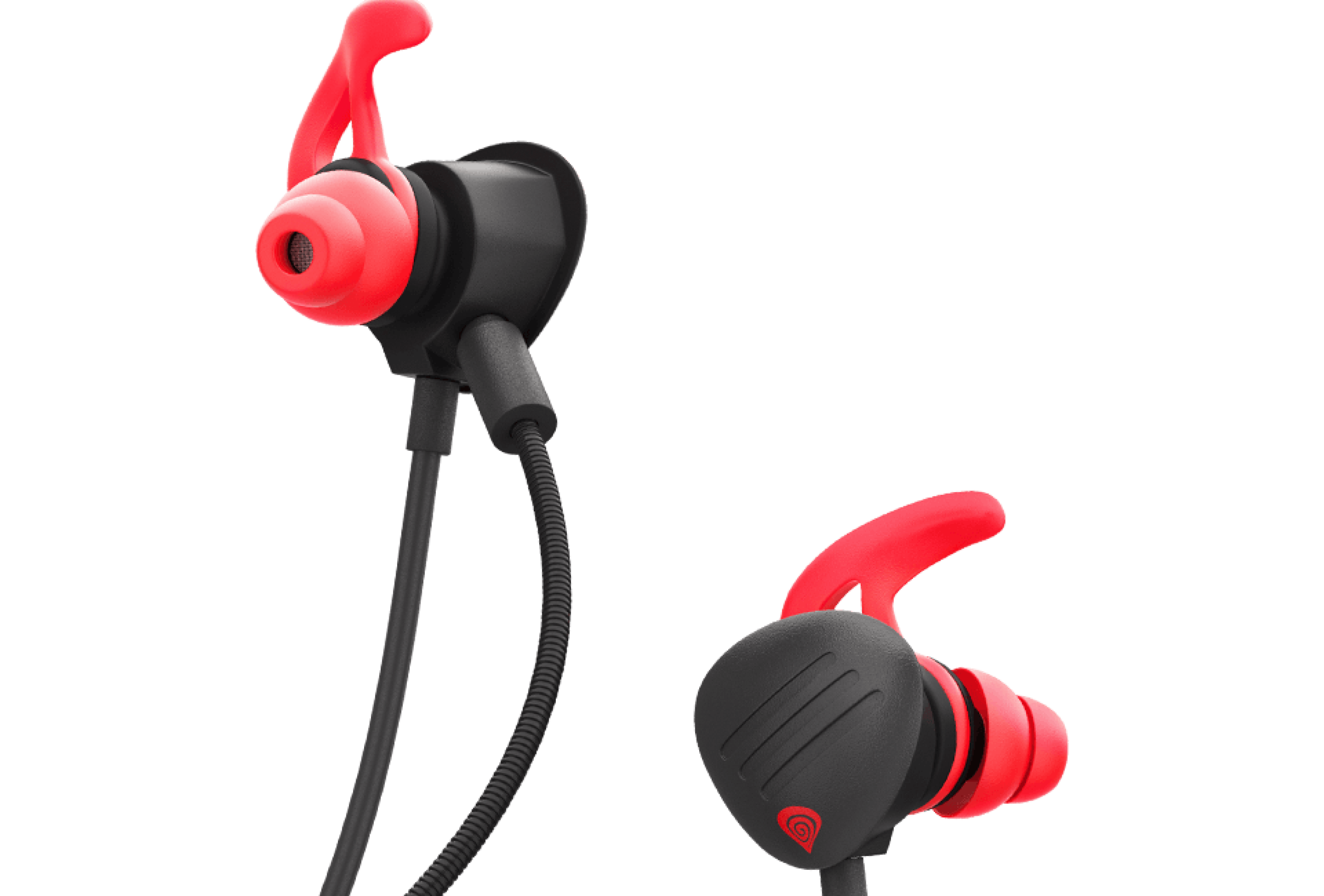 Wireless earbuds with red accents and a flexible connection cable.