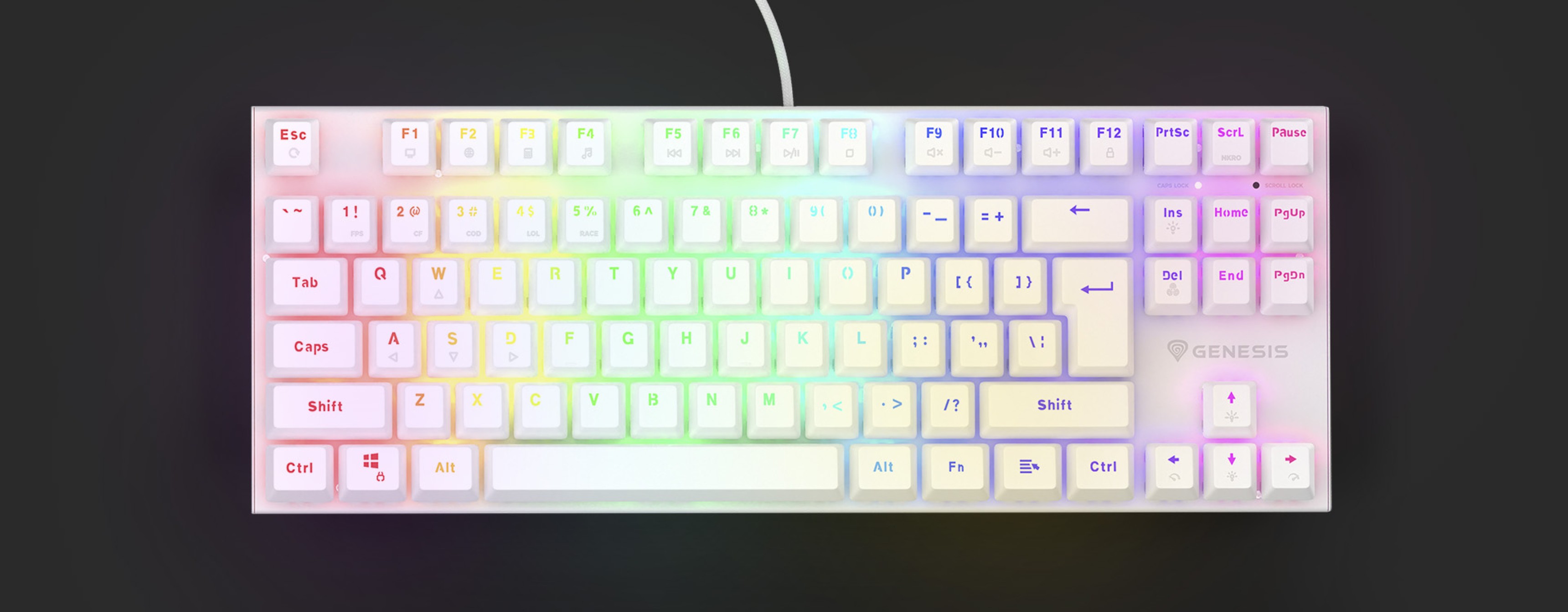 Compact white mechanical keyboard with RGB backlighting and hot-swappable brown switches. Features a US layout
