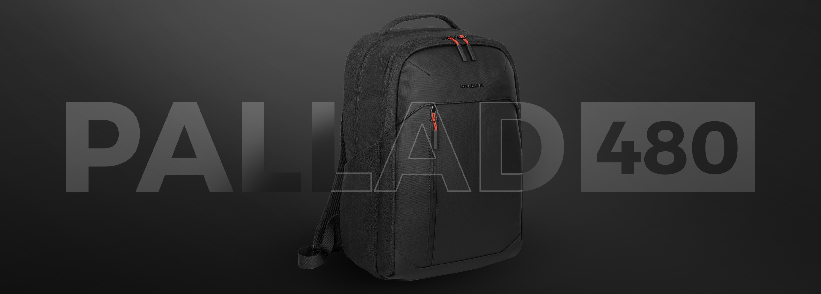 Black backpack with orange accents and a sleek design against a dark background.