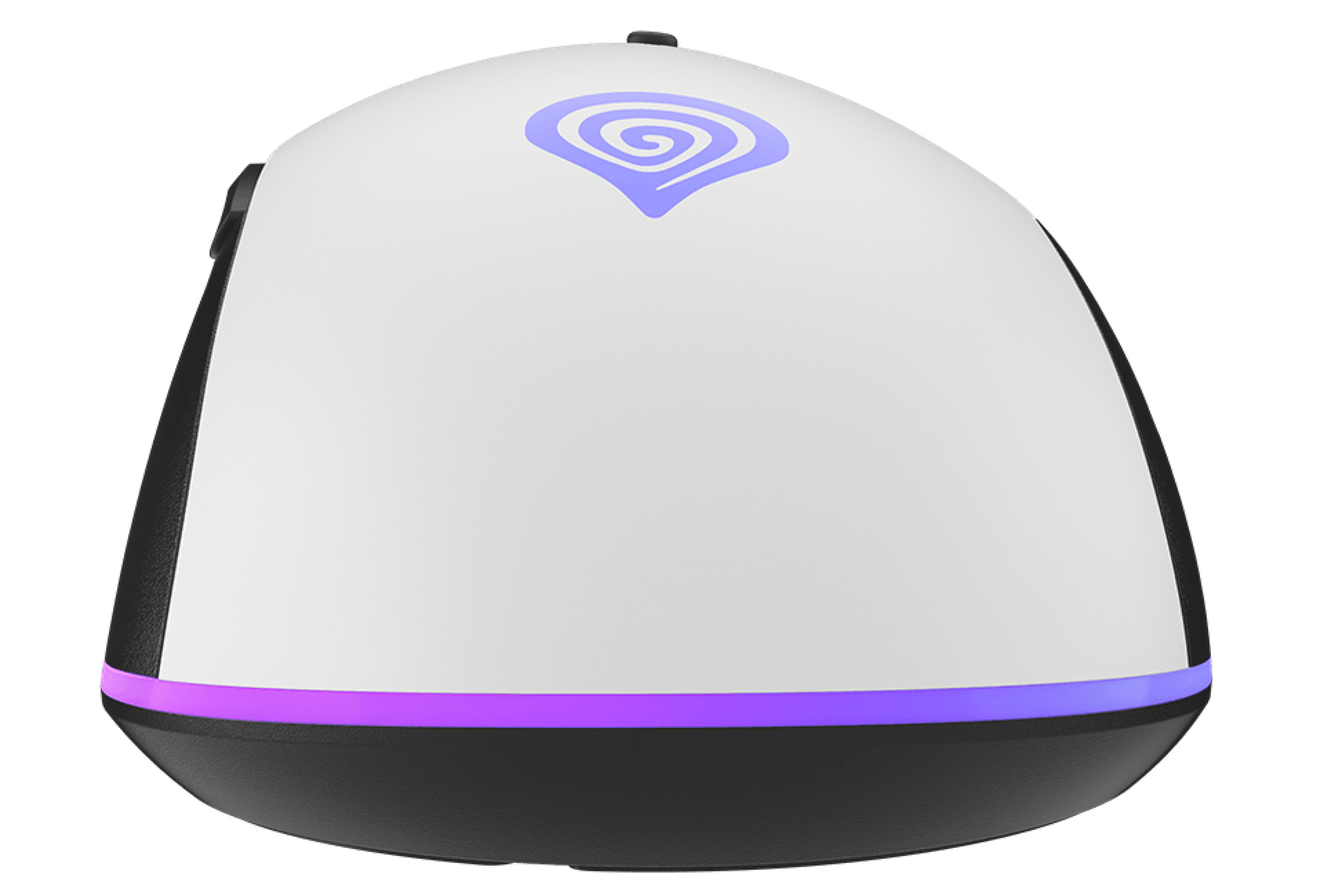White RGB gaming mouse with a sleek design, featuring customizable lighting and a logo on the top
