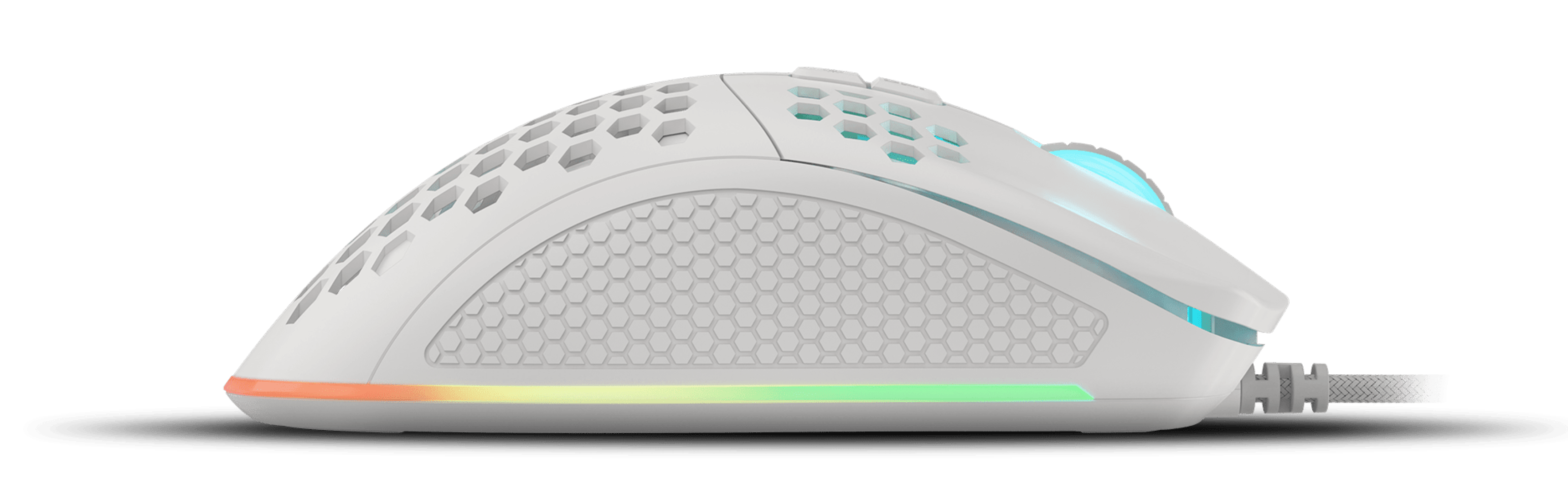 Side view of the Genesis Krypton 555 gaming mouse, featuring a sleek white design, RGB lighting, and programmable buttons