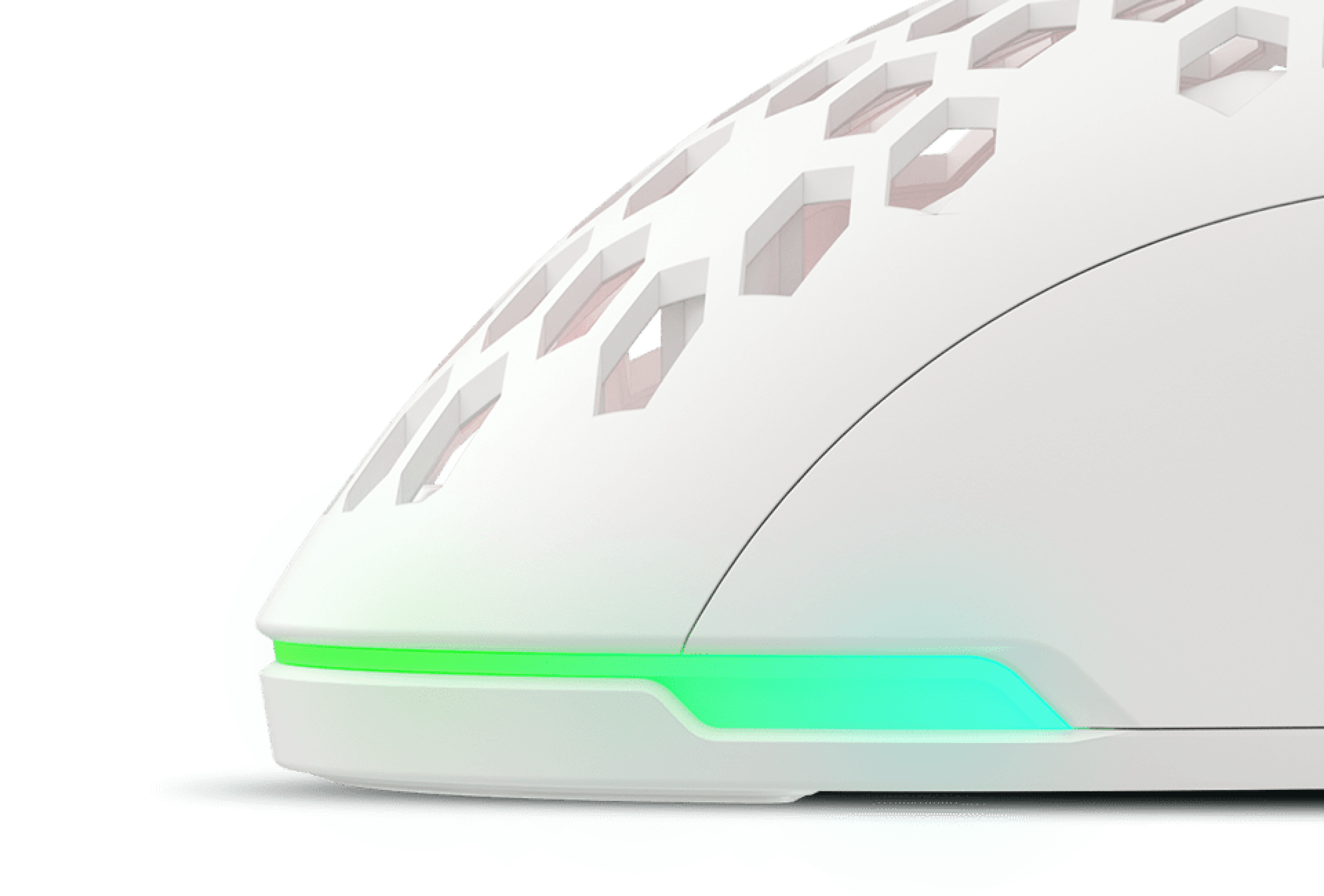 White gaming mouse with a lightweight design, featuring honeycomb patterns and RGB lighting along the base