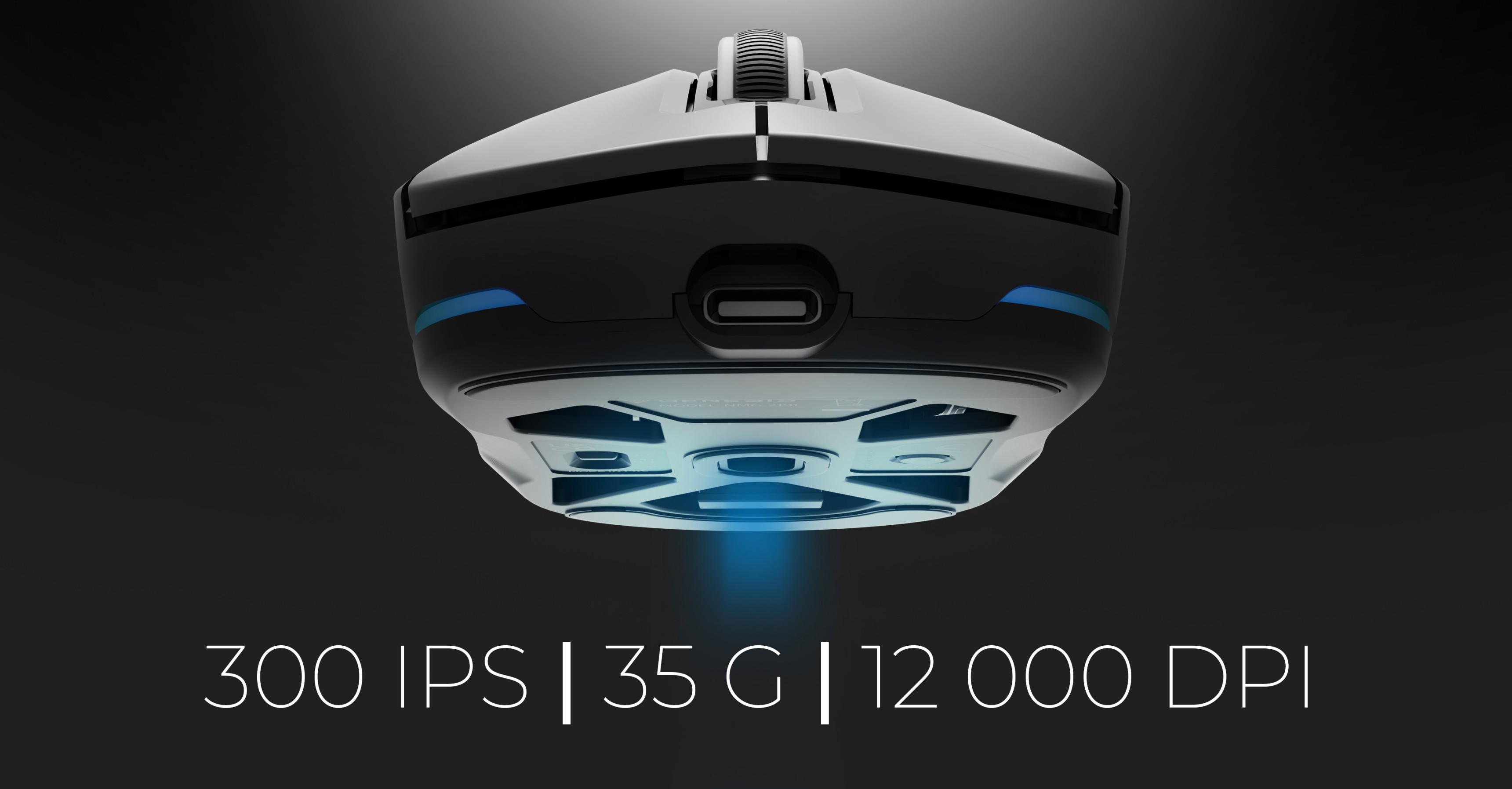 Wireless gaming mouse with a sleek design, featuring specifications: 300 IPS, 35 G, and 12,000 DPI