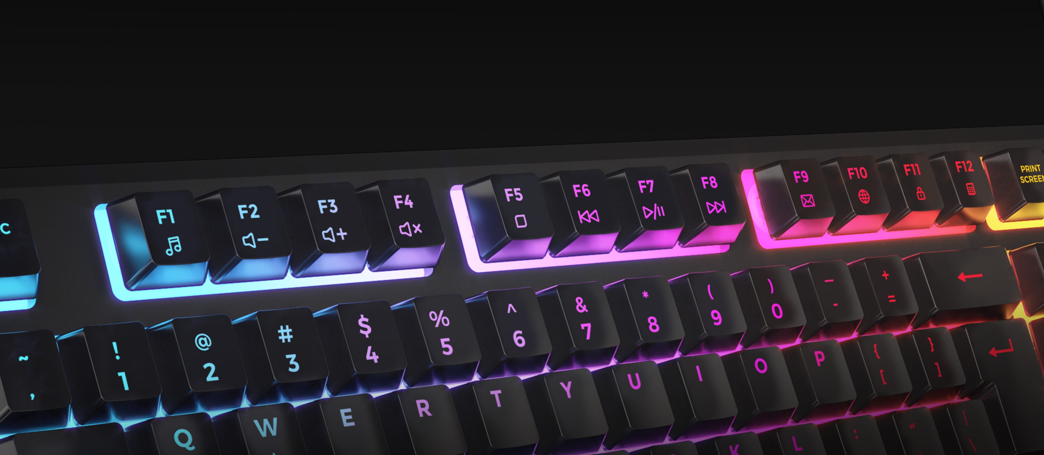 RGB gaming keyboard with customizable backlighting, featuring vibrant colors across the keys and multimedia controls