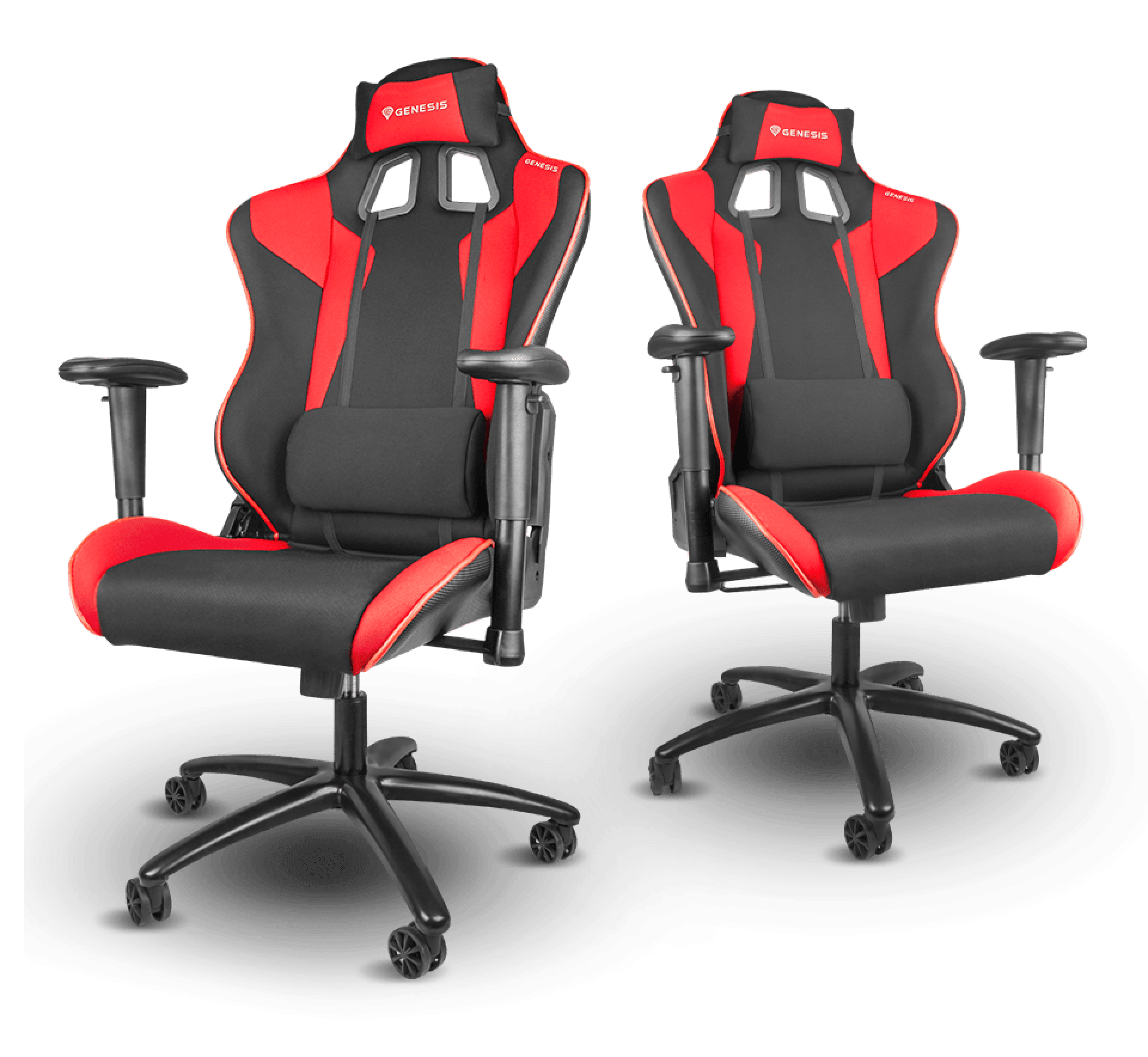 Two Genesis Nitro 770 gaming chairs in black and red, featuring adjustable arms and ergonomic design for comfort