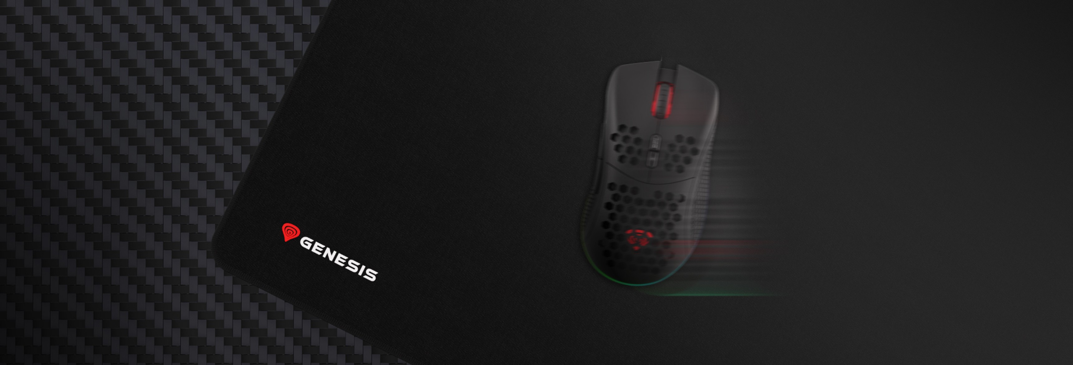 Black gaming mouse pad with Genesis logo, featuring a textured carbon fiber design and a gaming mouse on top