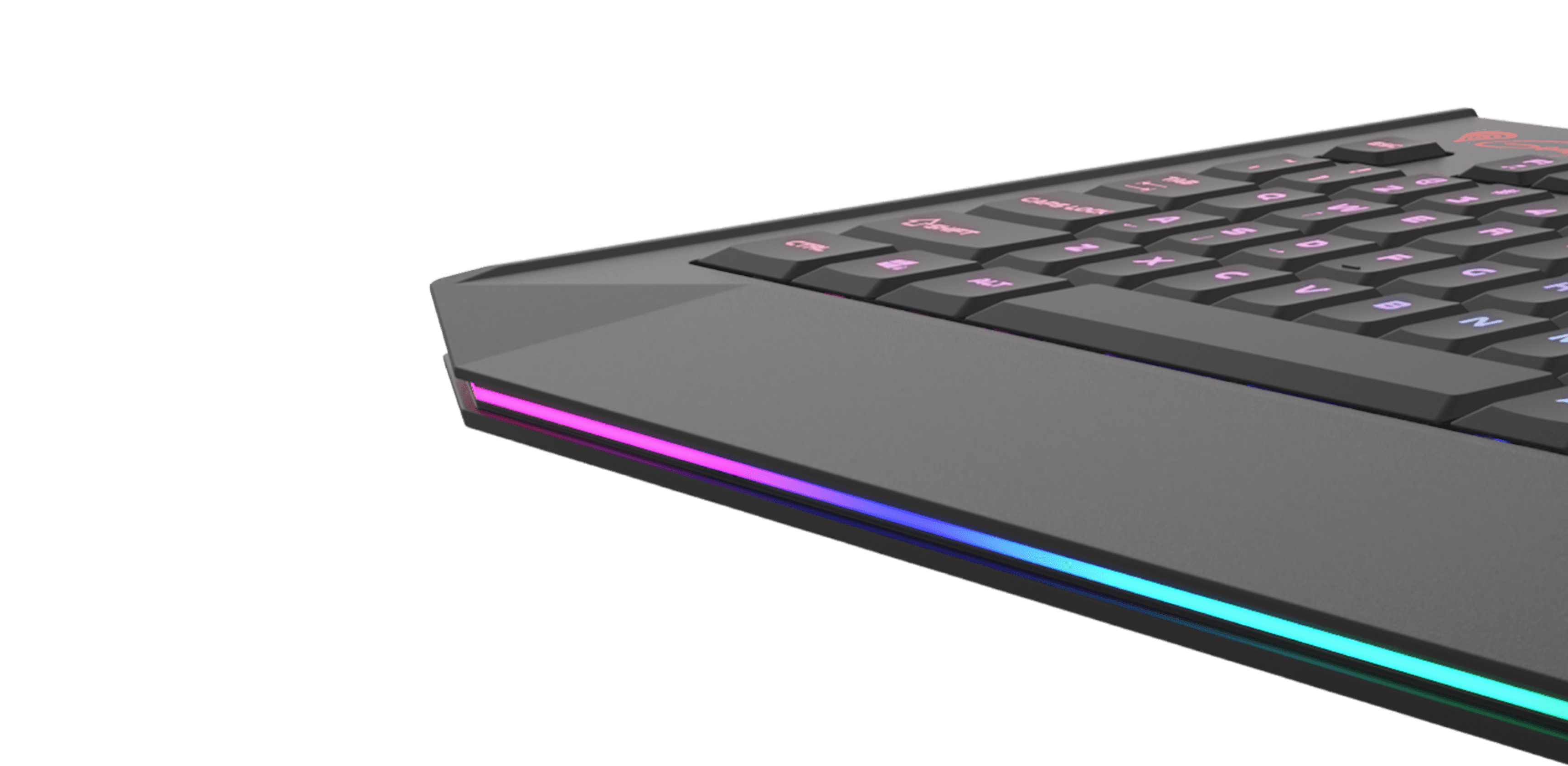 Slim gaming keyboard with RGB lighting, featuring a modern design and X-Scissor switches for enhanced performance