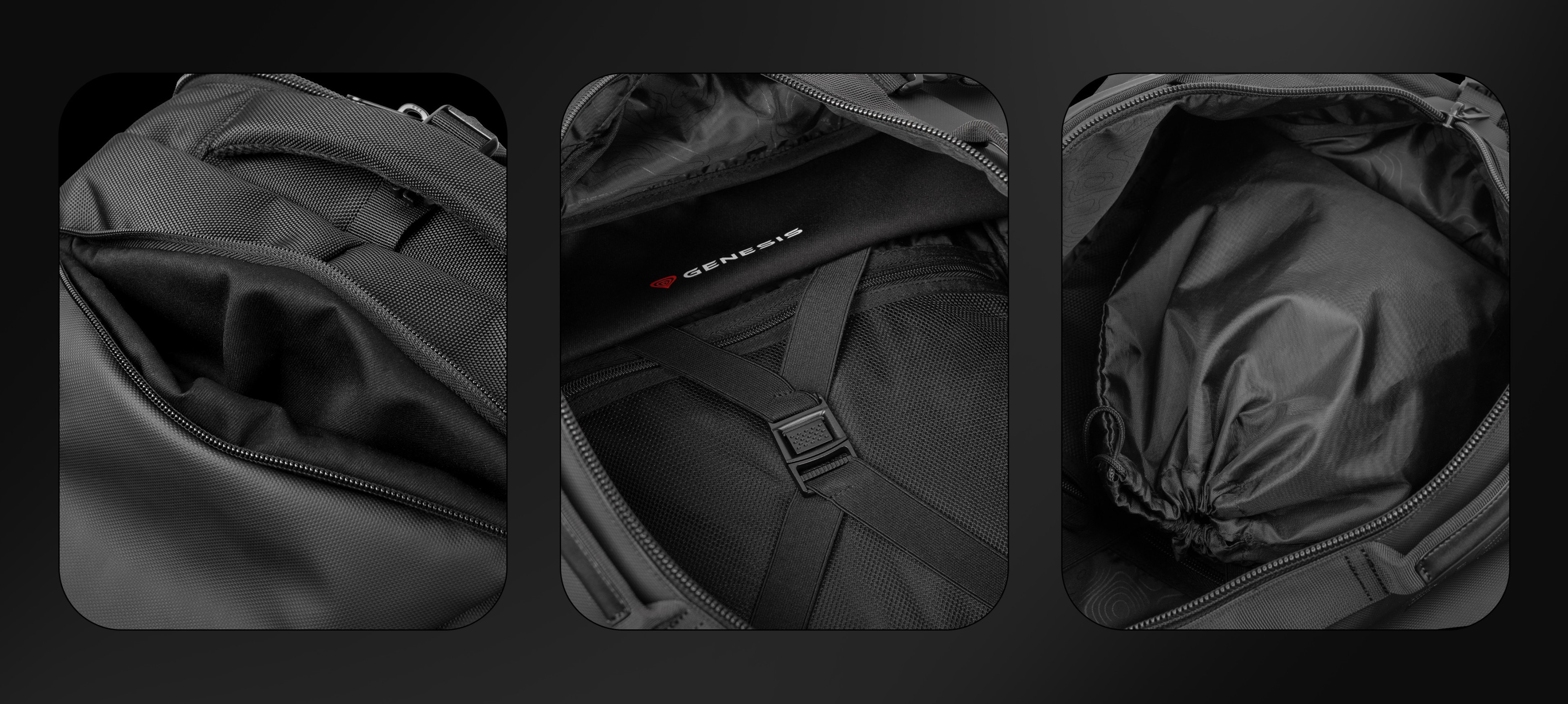 Interior view of a backpack showing compartments and a drawstring pouch for storage.