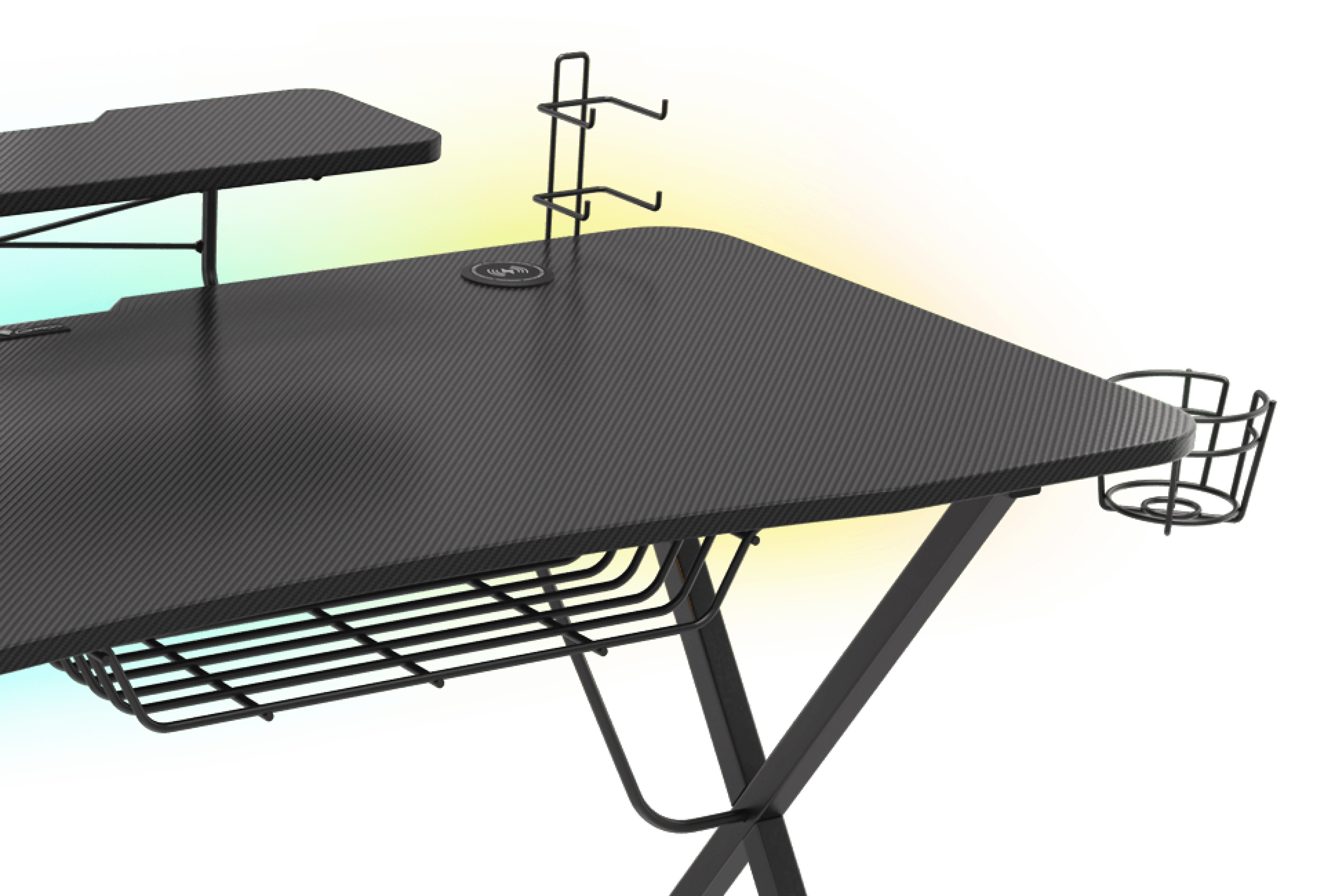 Gaming desk with a carbon fiber texture, featuring a raised shelf, cable management, and cup holder. RGB lighting gradient in the background