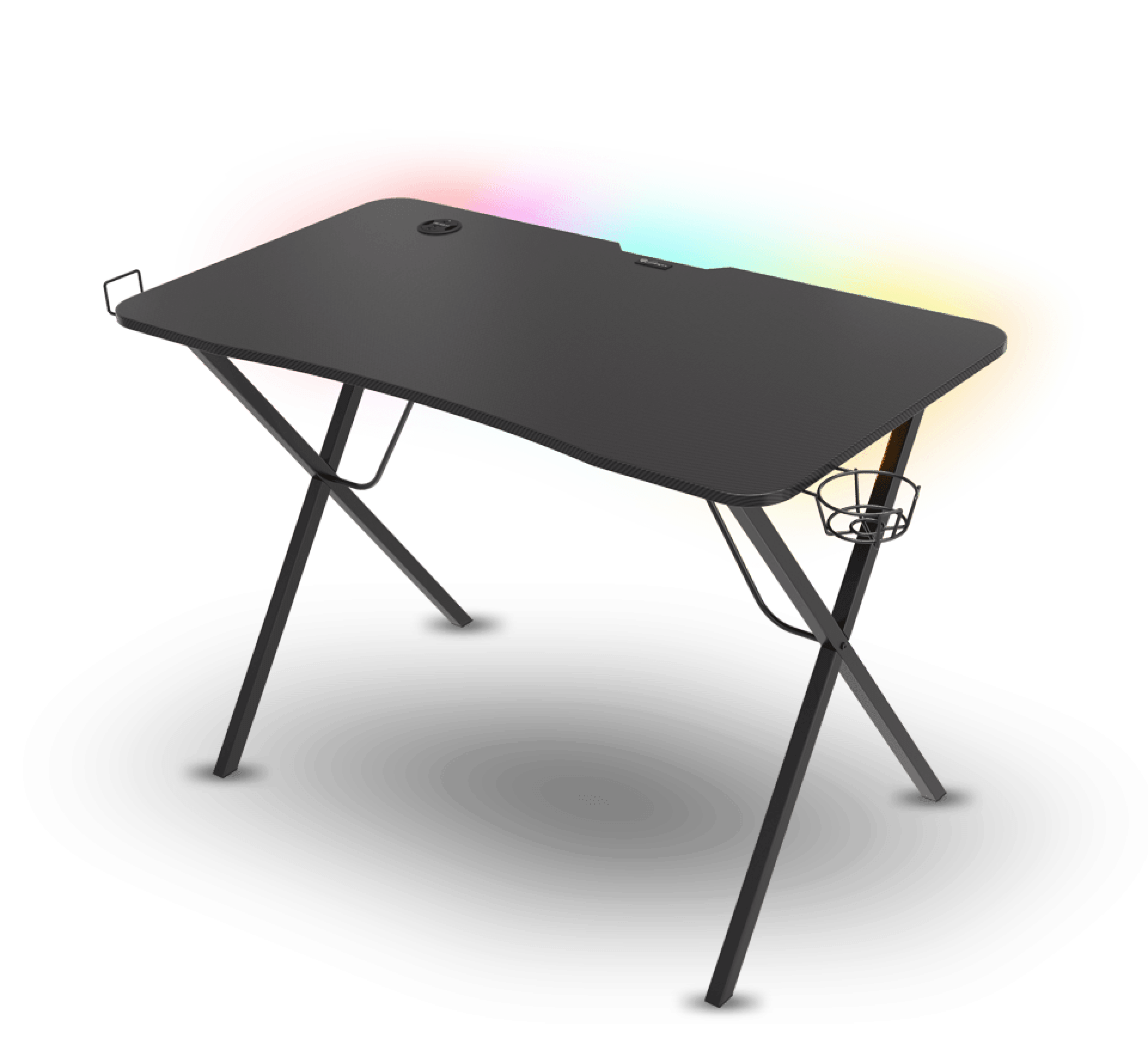 Black gaming desk with RGB lighting on the edge, featuring a cable management hole and two cup holders