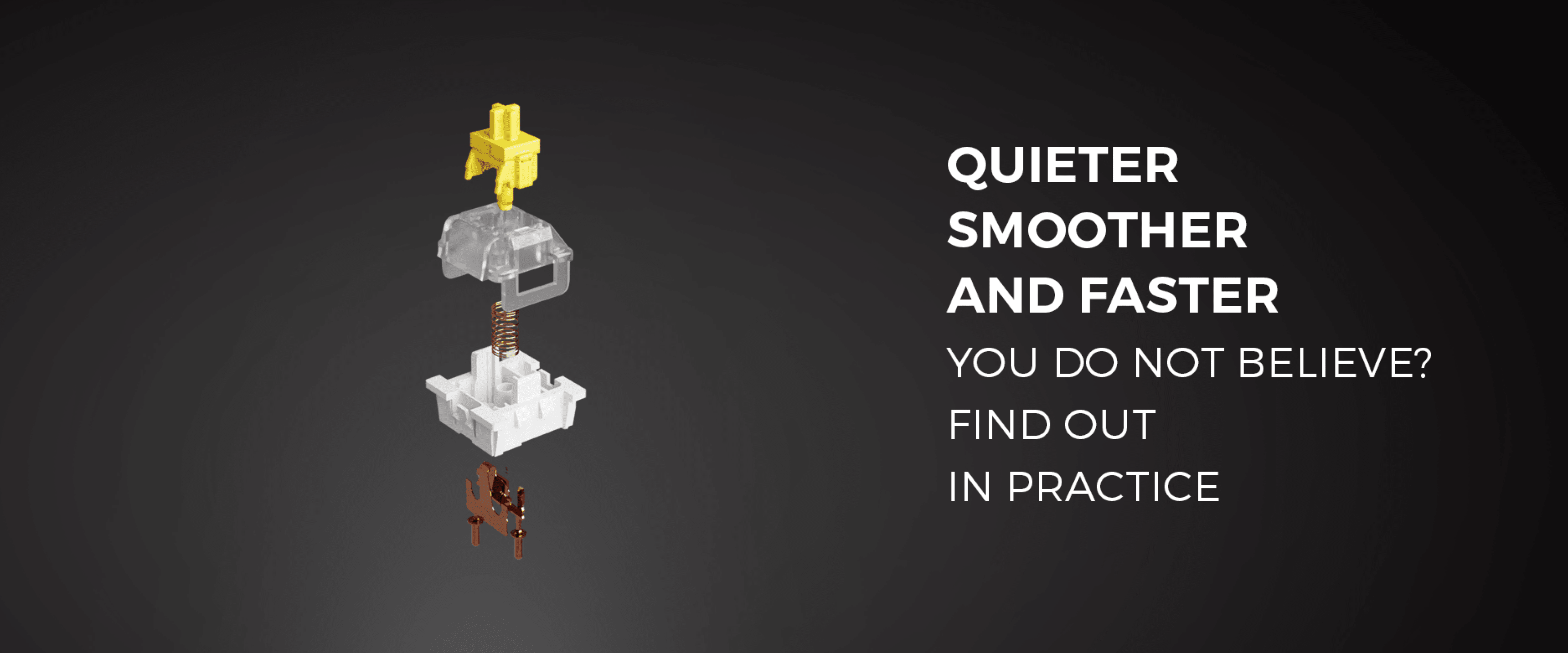 Exploded view of a Gateron Yellow switch illustrating its components, with text highlighting quieter, smoother, and faster performance