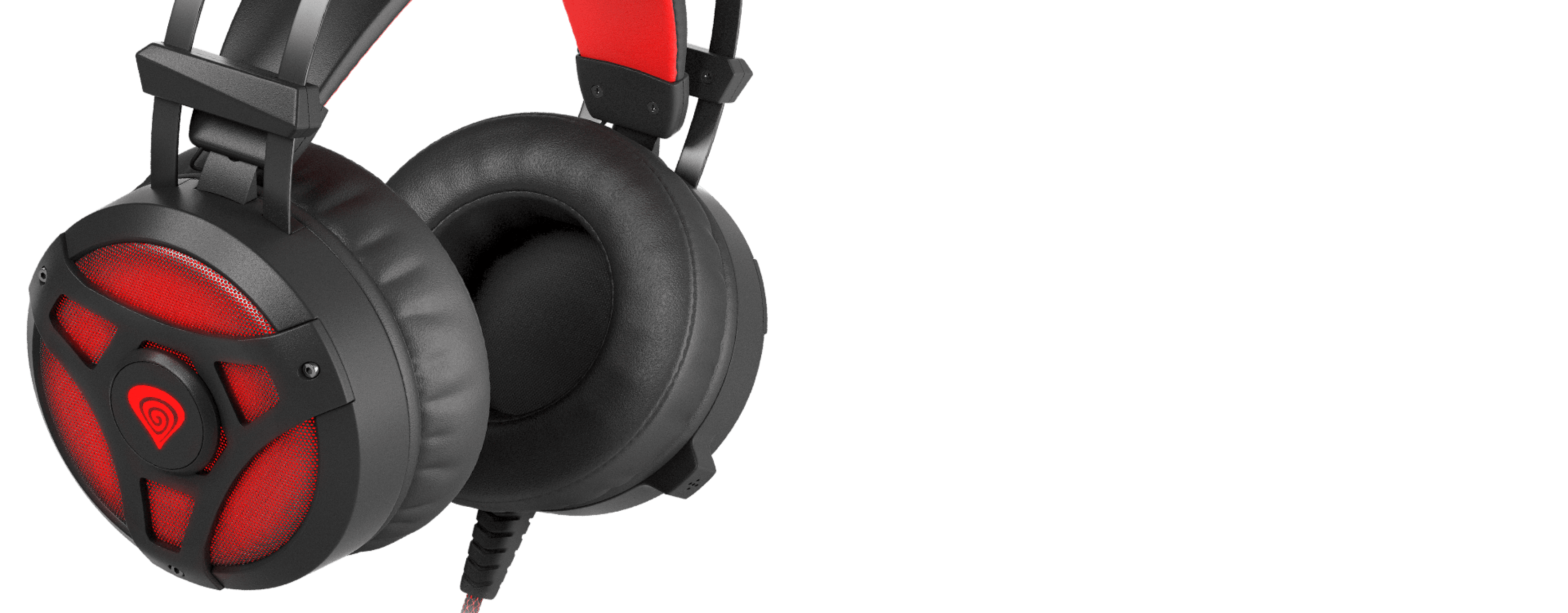 Black and red over-ear headphones featuring a built-in microphone and illuminated design