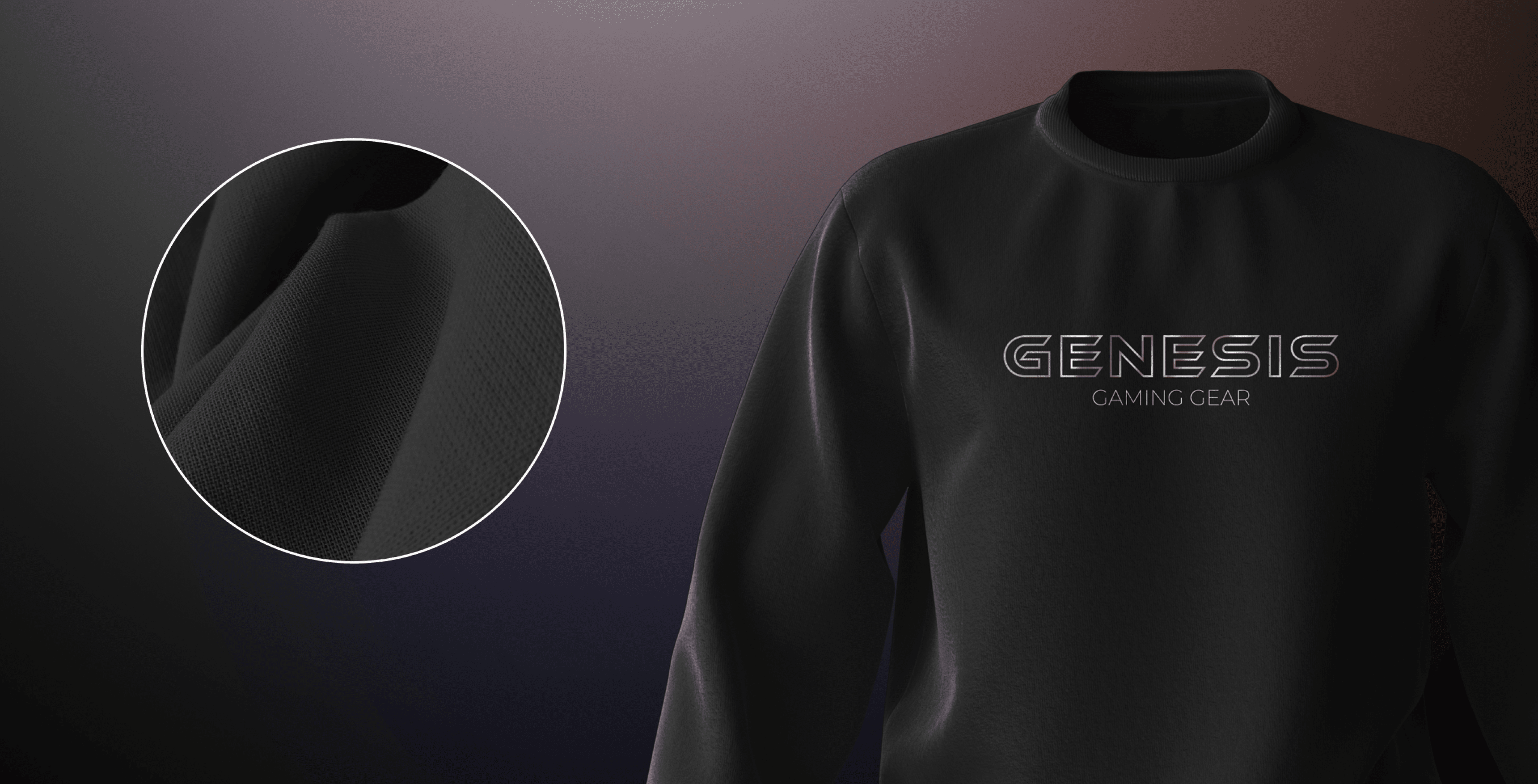 Black gaming sweatshirt featuring the "GENESIS GAMING GEAR" logo, highlighted details of the fabric texture