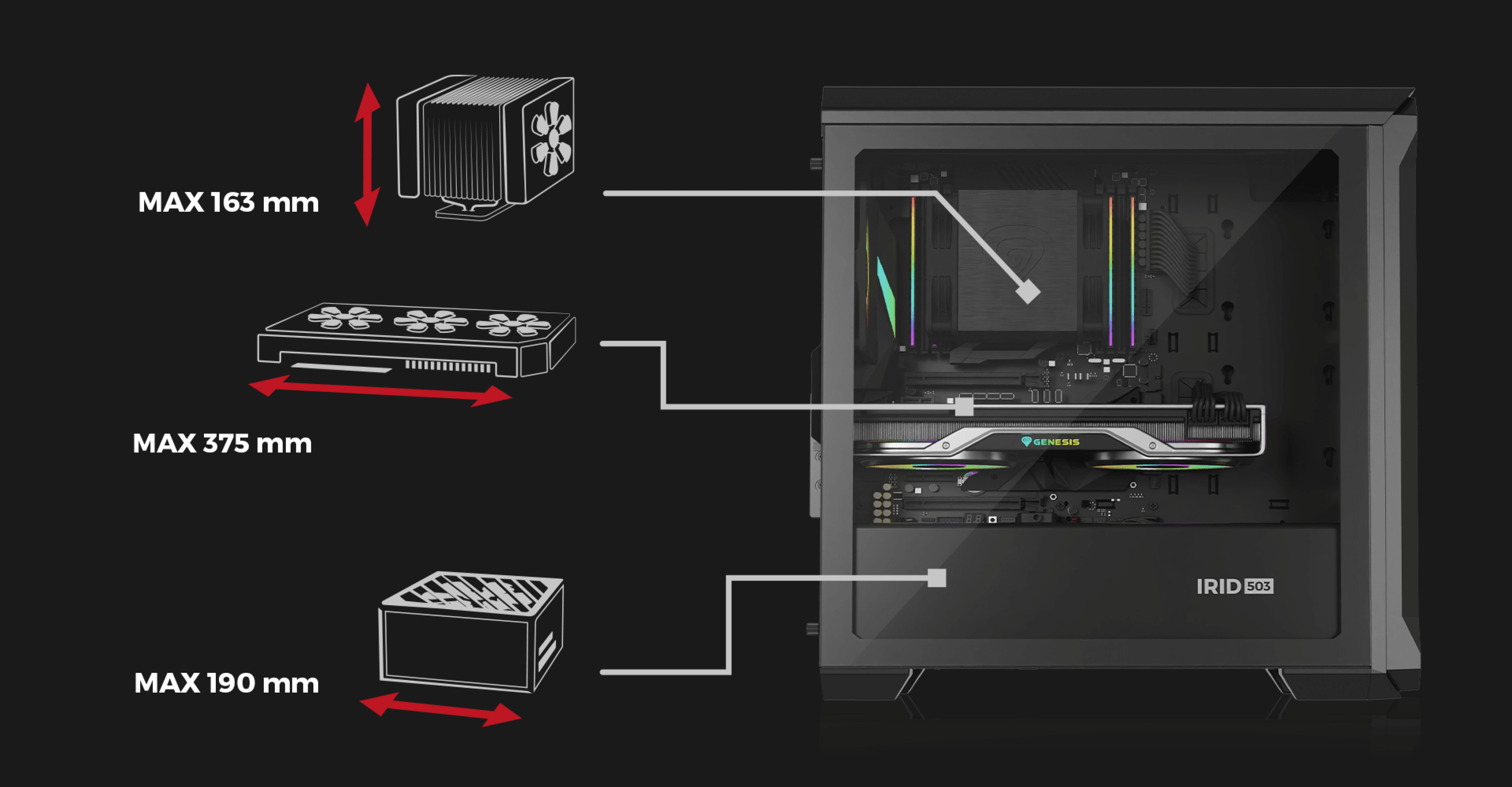 Black Genesis Irid 503 ARGB V2 MATX mini tower case showcasing internal components with maximum height and length specifications illustrated