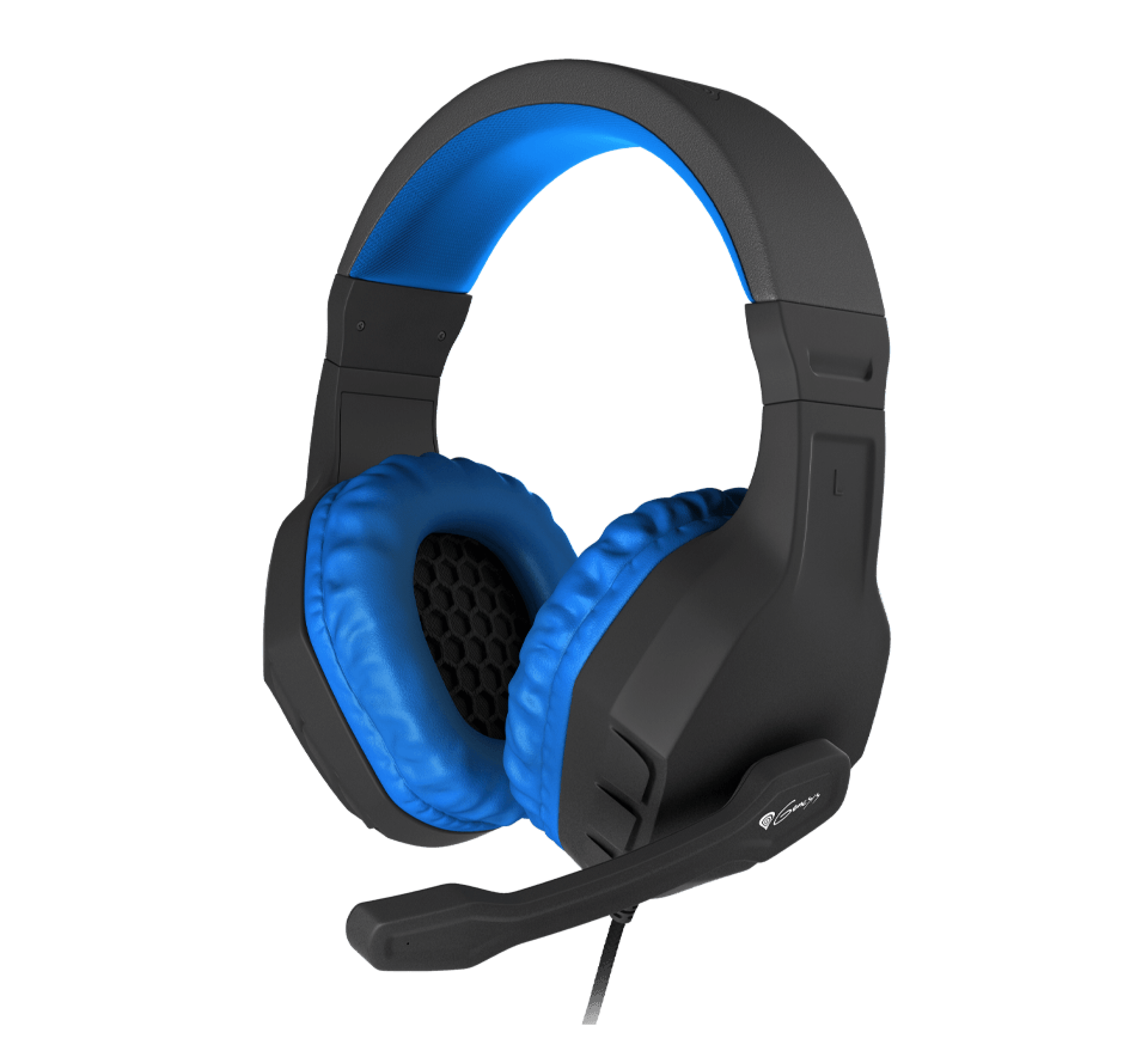 Over-ear headphones in black and blue with a microphone, featuring cushioned ear cups and an adjustable headband